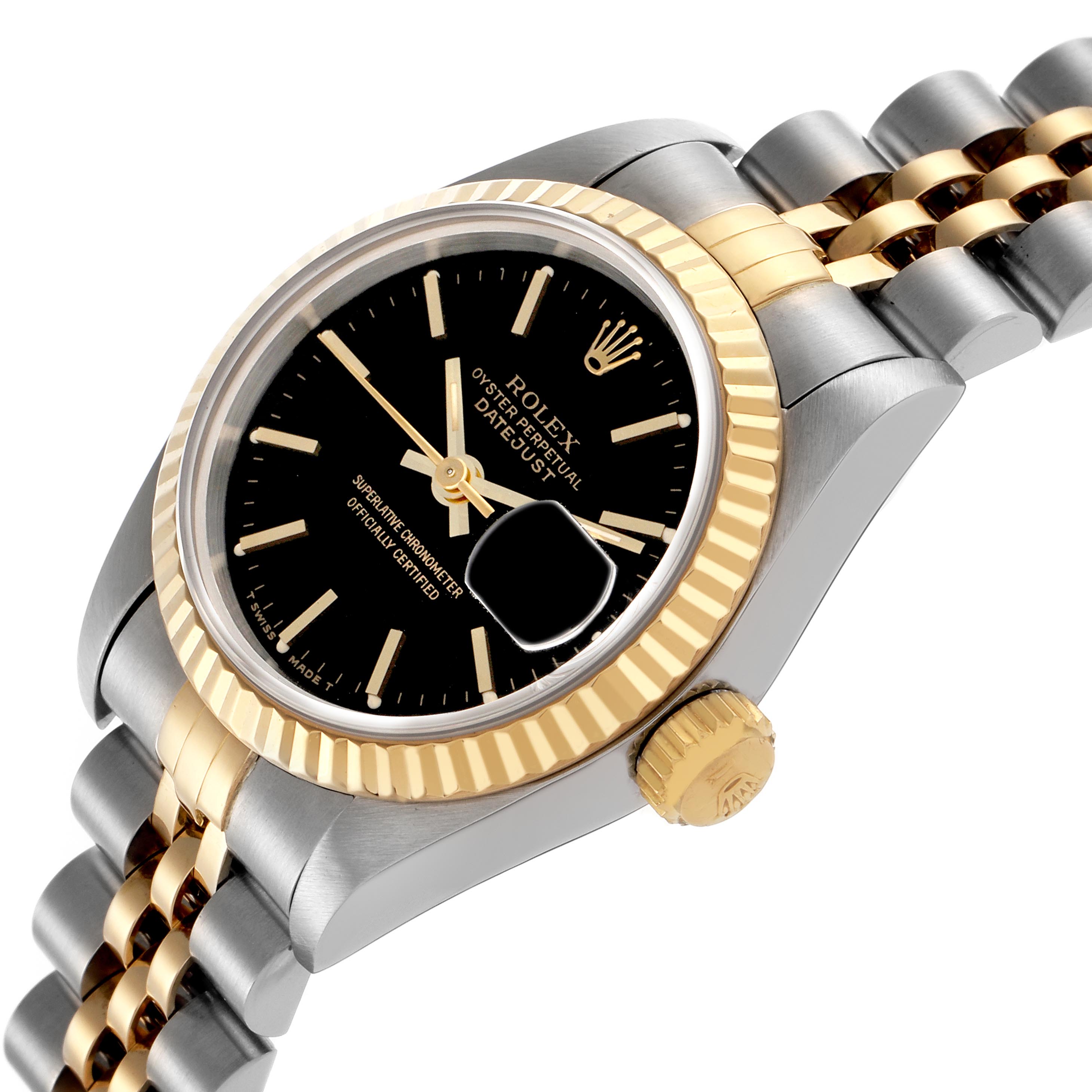 The Rolex Date 69173 Women's Steel and Gold (two tone) Black Dial 69173 Women's Steel and Gold (two tone) Black Dial watch is shown at a three-quarter angle, highlighting the dial, bezel, crown, and bracelet with date magnifier.