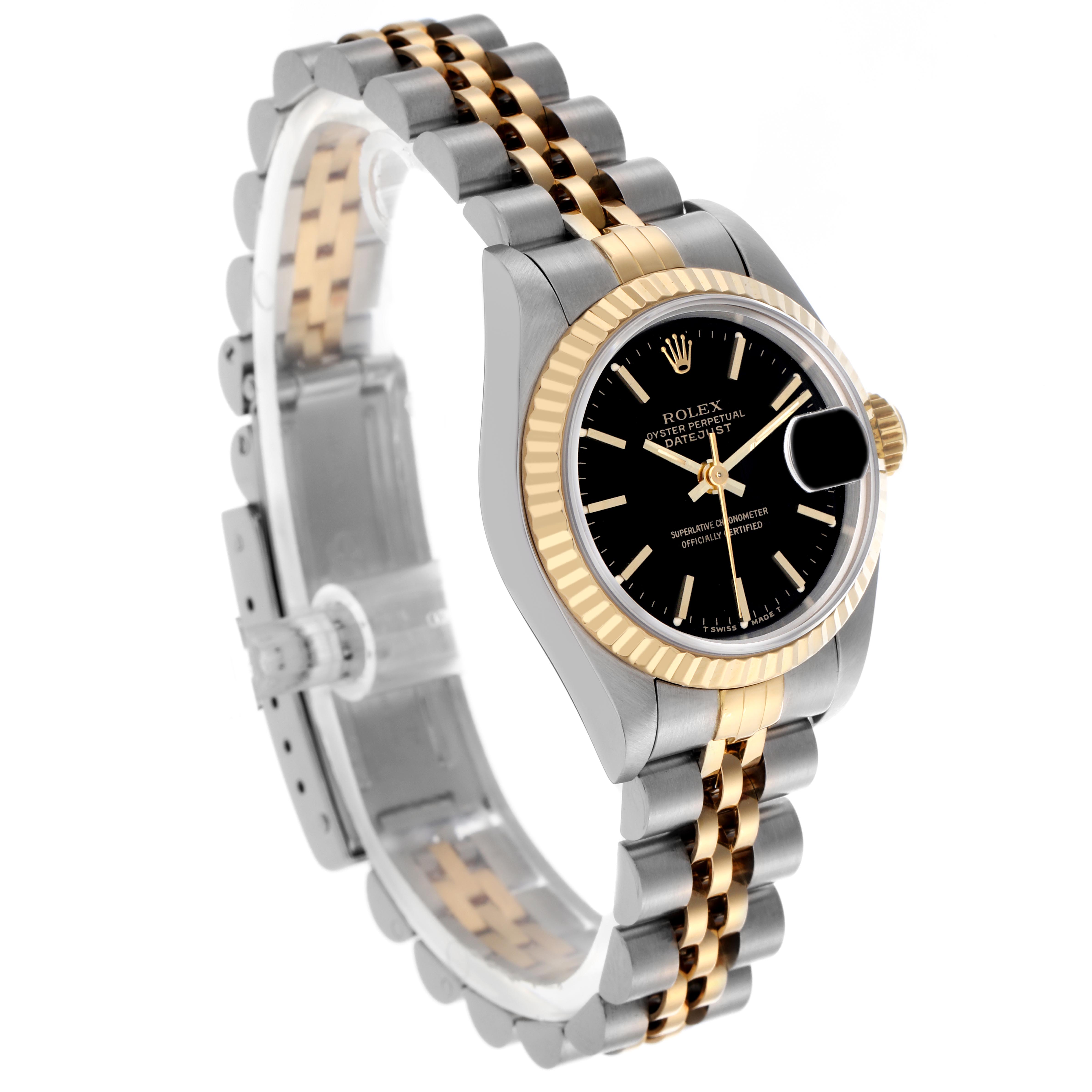 The Rolex Date 69173 Women's Steel and Gold (two tone) Black Dial 69173 Women's Steel and Gold (two tone) Black Dial watch is shown at a side angle, displaying the black dial, fluted bezel, and two-tone bracelet.