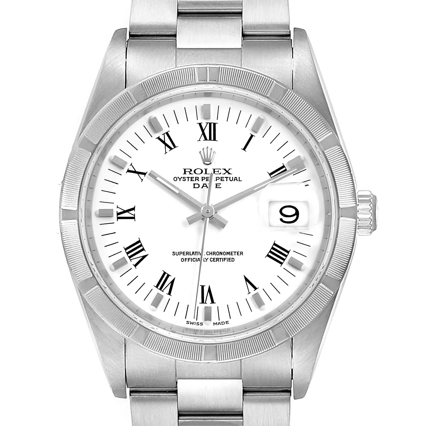 This image shows the Rolex Oyster Perpetual Date watch with a white face, Roman numerals, a date window, and a stainless steel bracelet.