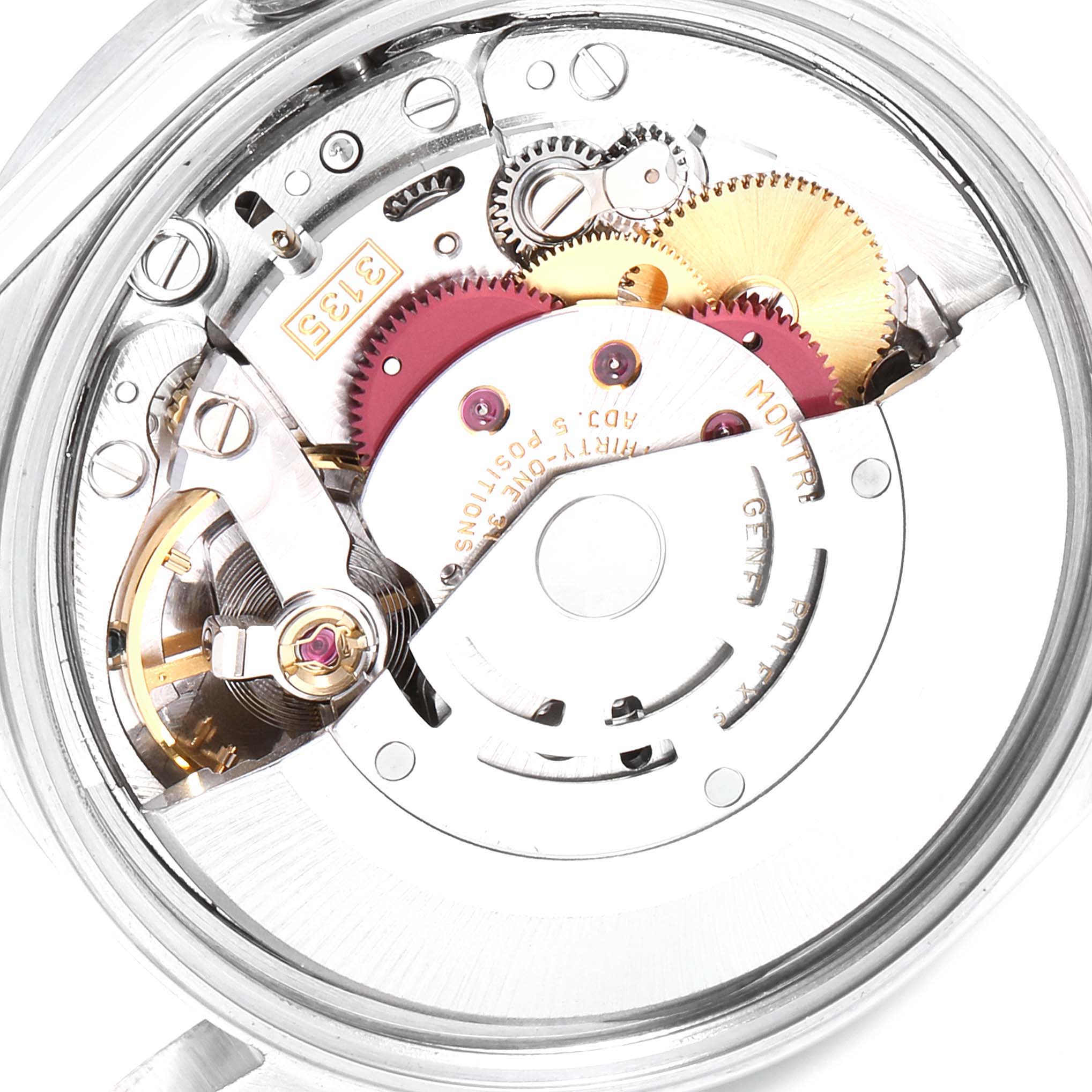 This image shows the internal mechanical movement of a Rolex Date 15210 Men's Stainless Steel White Dial 15210 Men's Stainless Steel White Dial model watch from a top-down angle.