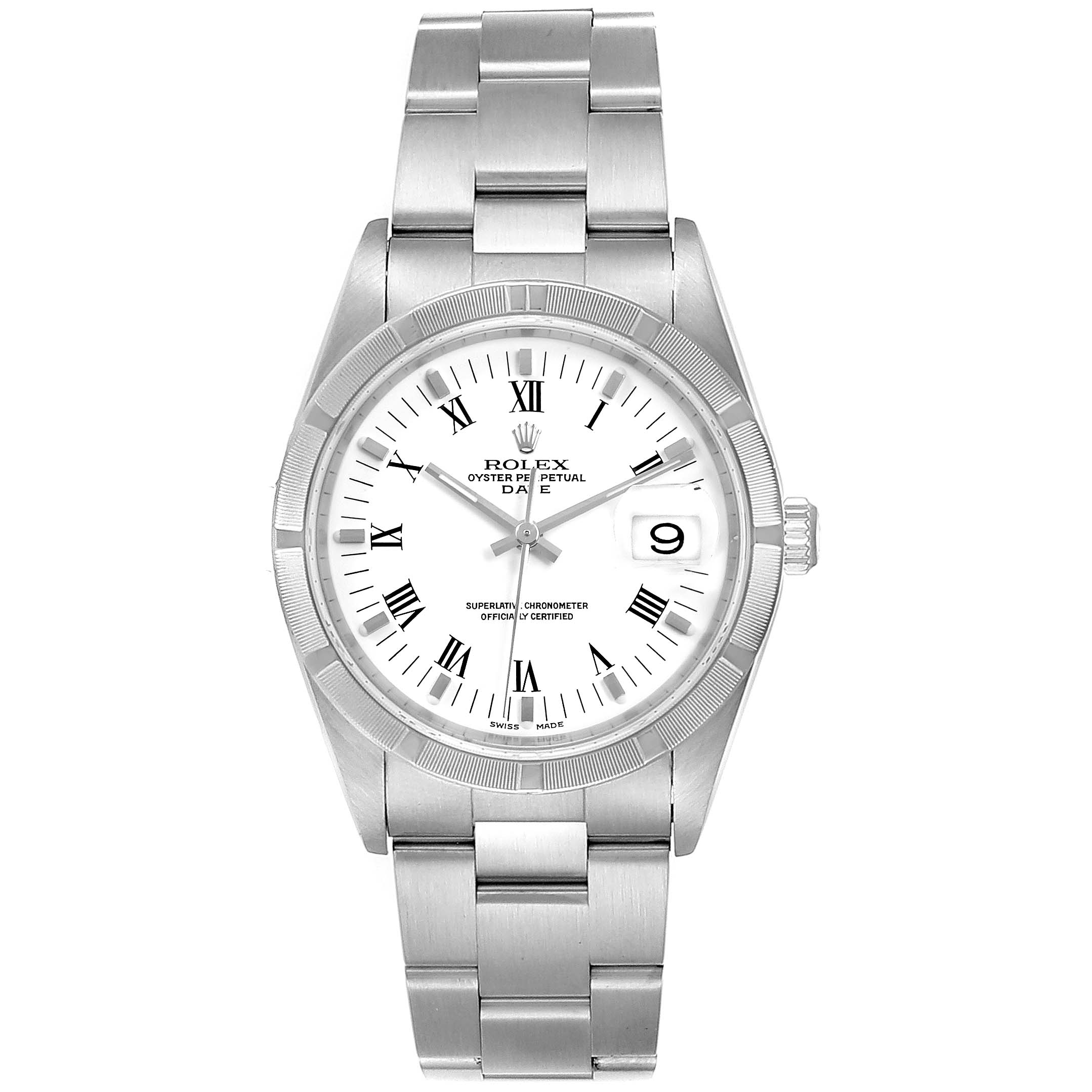The image shows a frontal view of a Rolex Date 15210 Men's Stainless Steel White Dial 15210 Men's Stainless Steel White Dial model watch, highlighting its dial, bezel, and bracelet.
