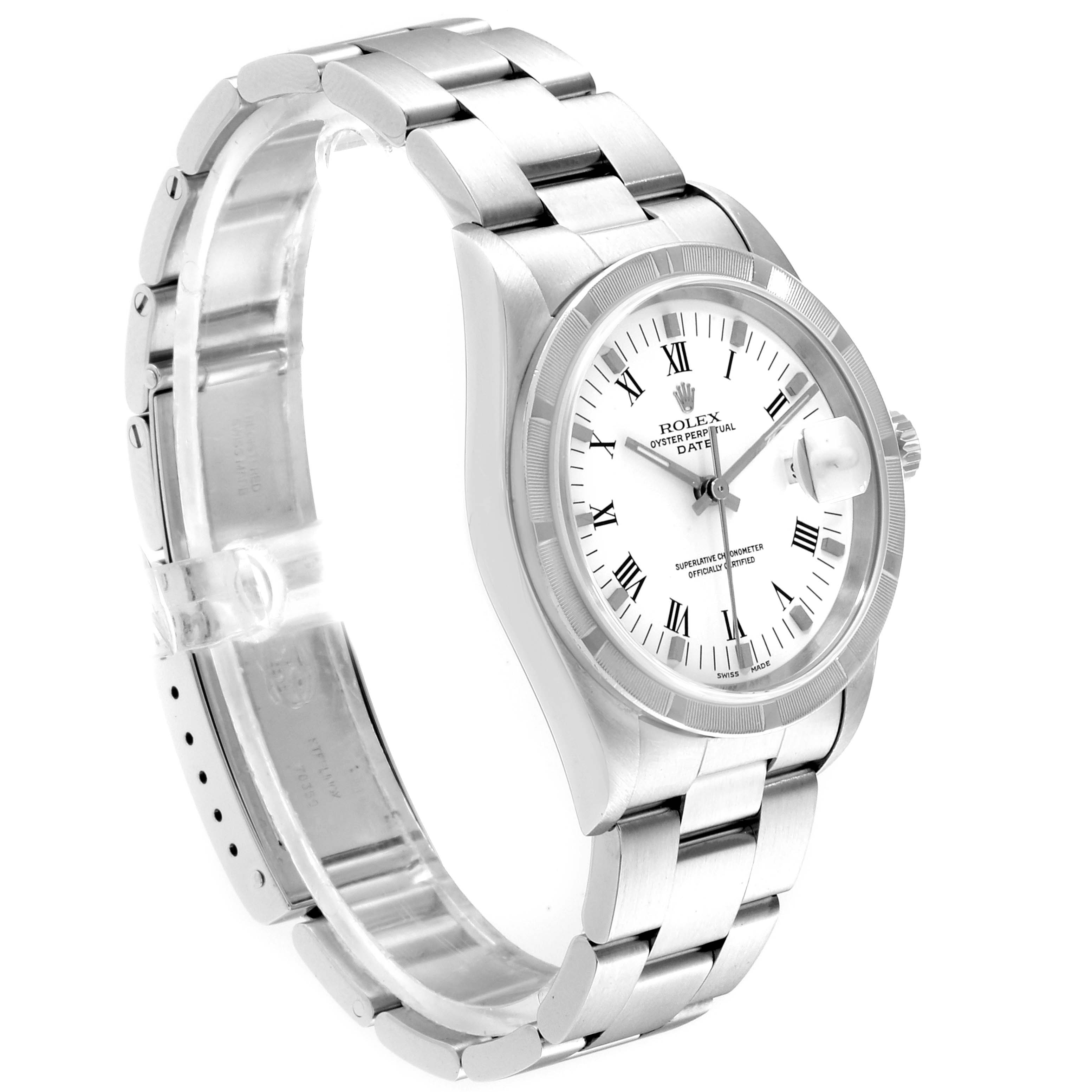 This image shows a Rolex Date 15210 Men's Stainless Steel White Dial 15210 Men's Stainless Steel White Dial model watch at a 3 o'clock angle featuring the dial, bezel, and bracelet.