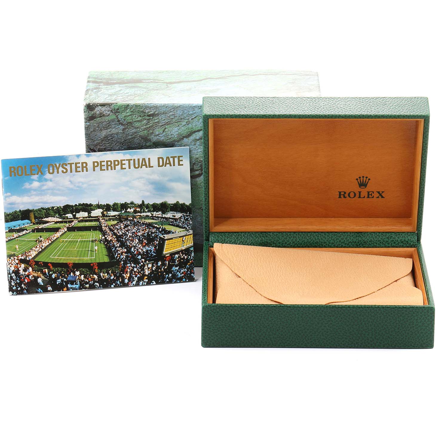 The image shows the open box for the Rolex Date 15210 Men's Stainless Steel White Dial 15210 Men's Stainless Steel White Dial model along with its instruction booklet.