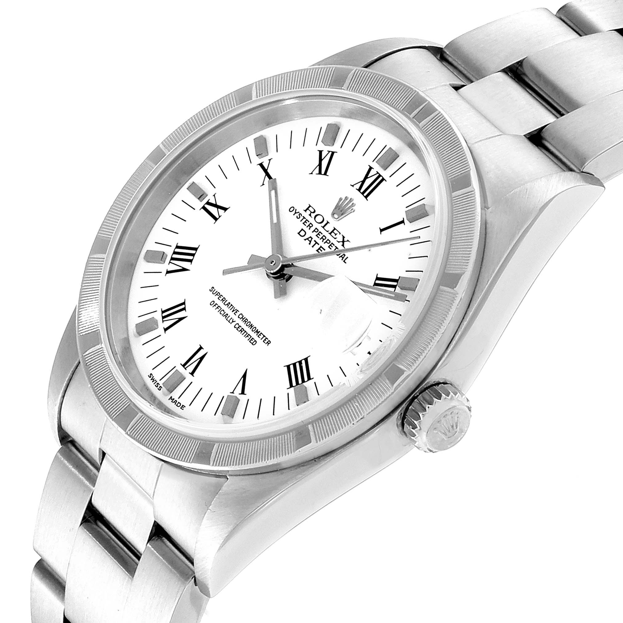 This image shows a Rolex Date 15210 Men's Stainless Steel White Dial 15210 Men's Stainless Steel White Dial model watch from an angled side view, highlighting the dial, bezel, crown, and part of the bracelet.