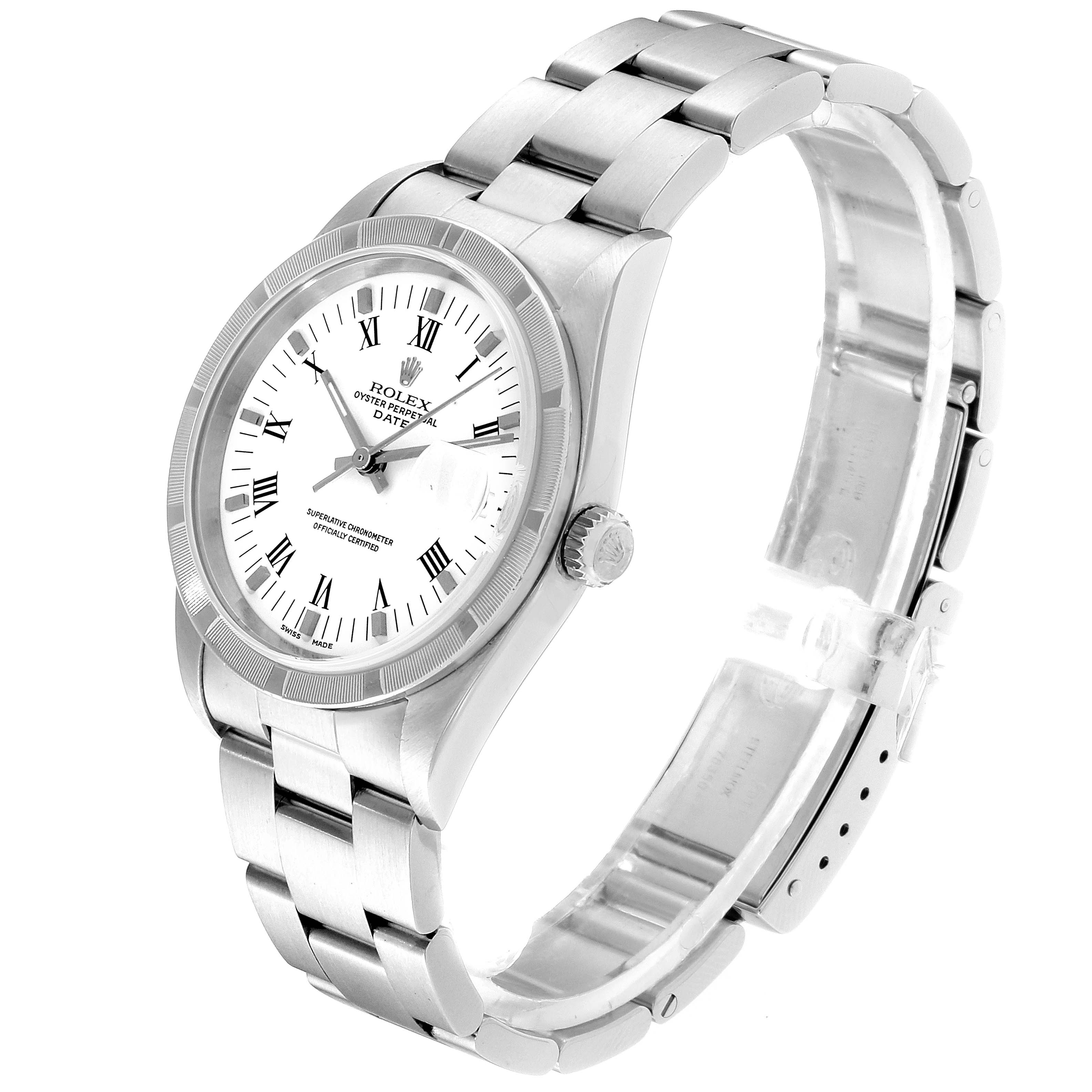 This is a Rolex Date 15210 Men's Stainless Steel White Dial 15210 Men's Stainless Steel White Dial model watch shown from an angled side view, displaying the dial, bezel, crown, and bracelet.