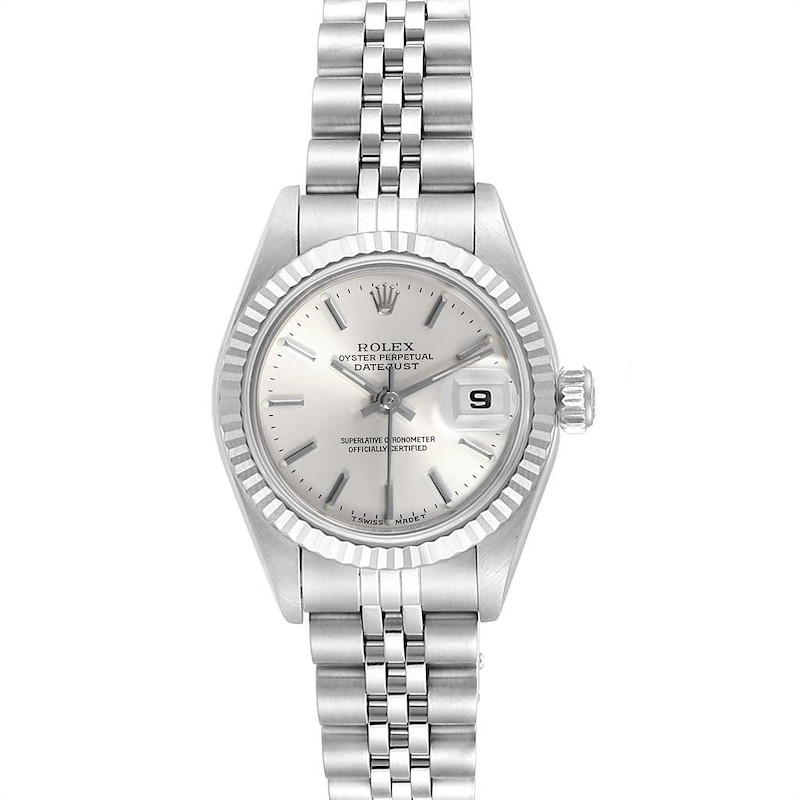 The image shows a front view of the Rolex Datejust watch, highlighting its face, fluted bezel, and Jubilee bracelet.