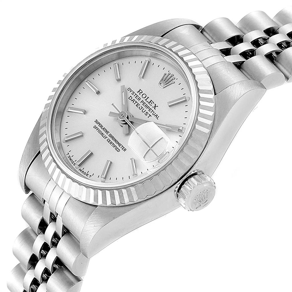 The image shows a close-up side angle of the Rolex Datejust 69174 Women
s Stainless Steel Silver Dial 69174 Women
s Stainless Steel Silver Dial watch, highlighting the dial, bezel, crown, and part of the bracelet.