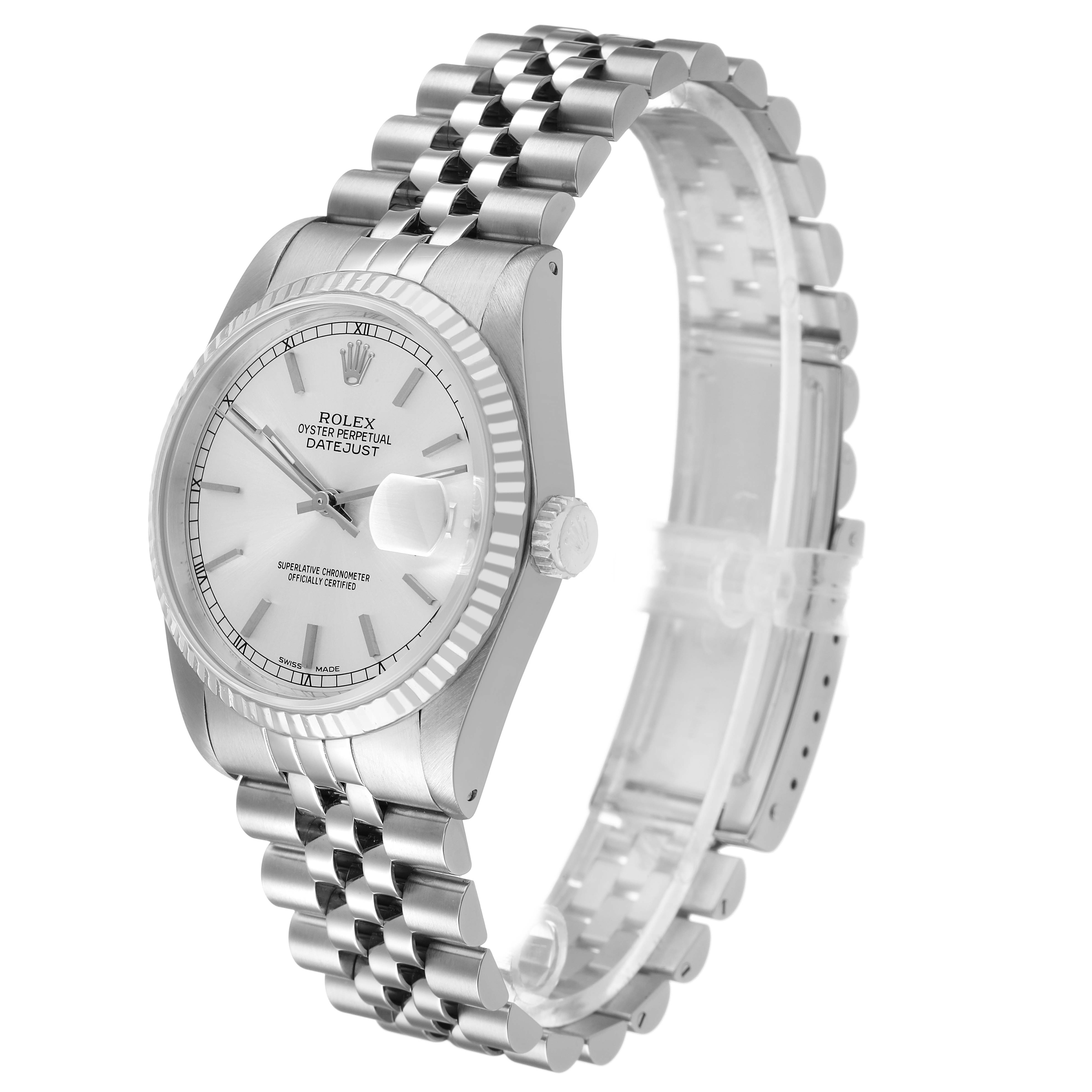 The Rolex Datejust 16234 Men's Steel and Gold (two tone) Silver Dial watch is shown at a slight angle, highlighting the face, fluted bezel, and Jubilee bracelet.