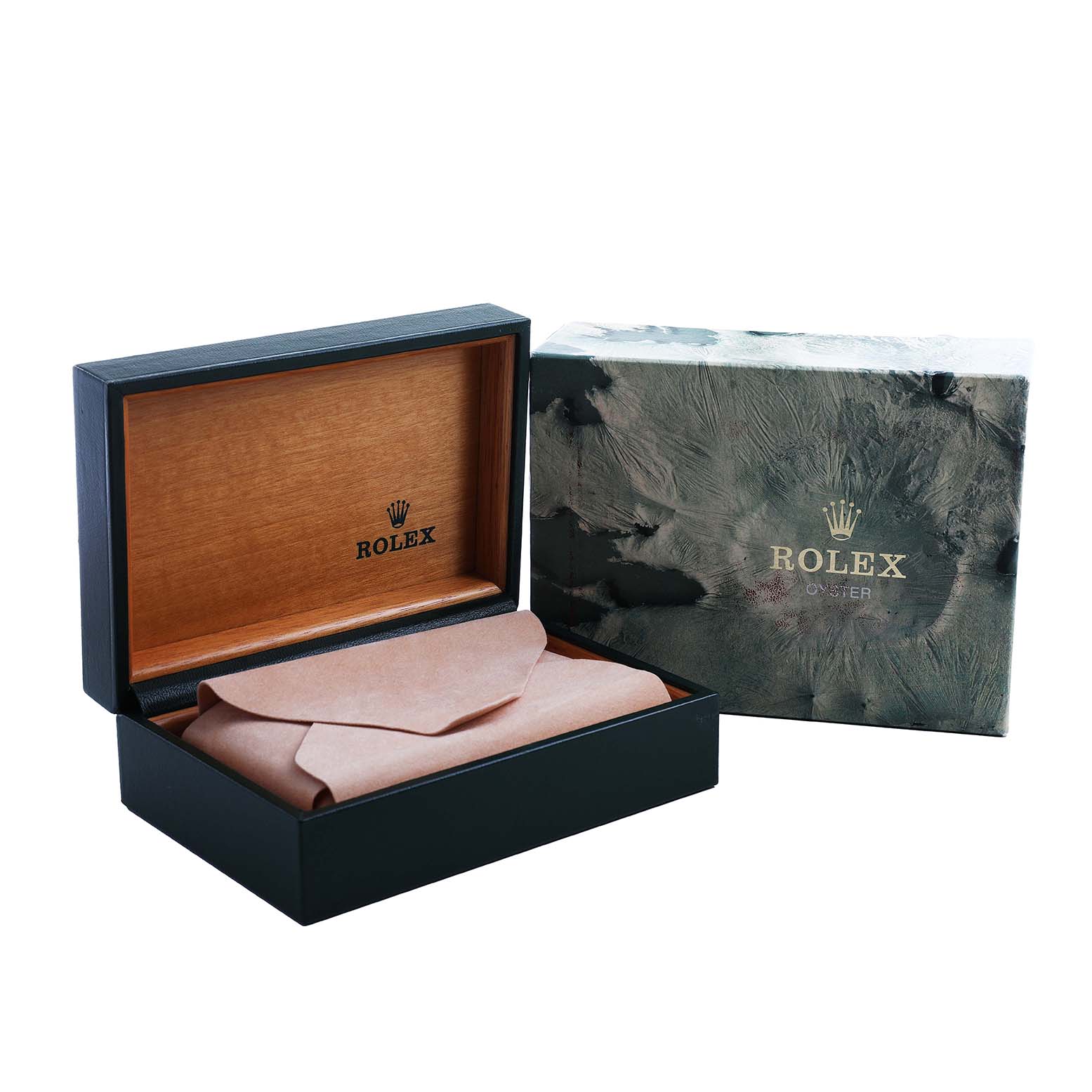 The image shows a Rolex Datejust 16234 Men's Steel and Gold (two tone) Silver Dial box and cover, with the open box displaying a watch pouch inside.