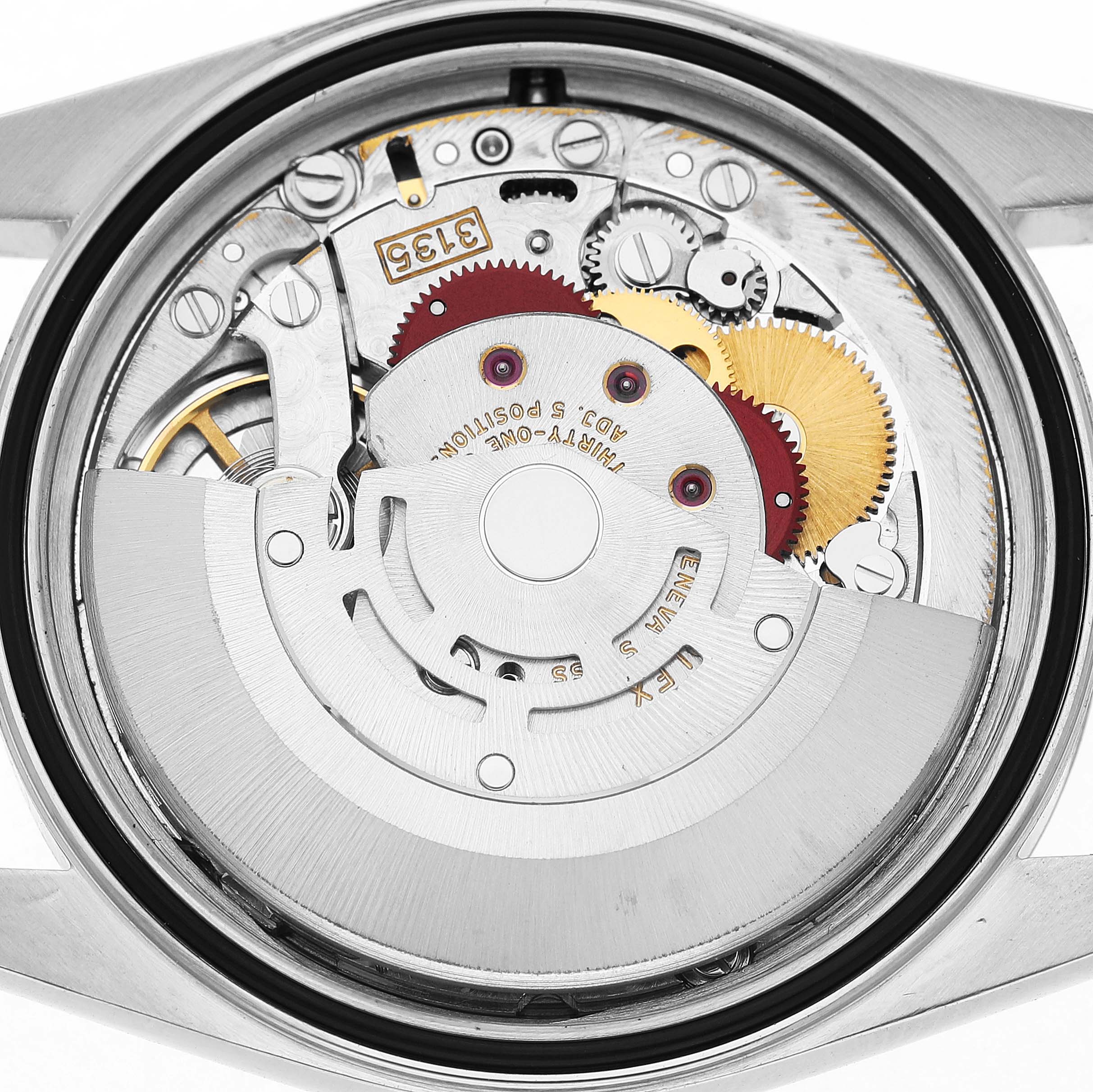 The image shows the open back view of the Rolex Datejust 16234 Men's Steel and Gold (two tone) Silver Dial, revealing its inner mechanical components and movement.