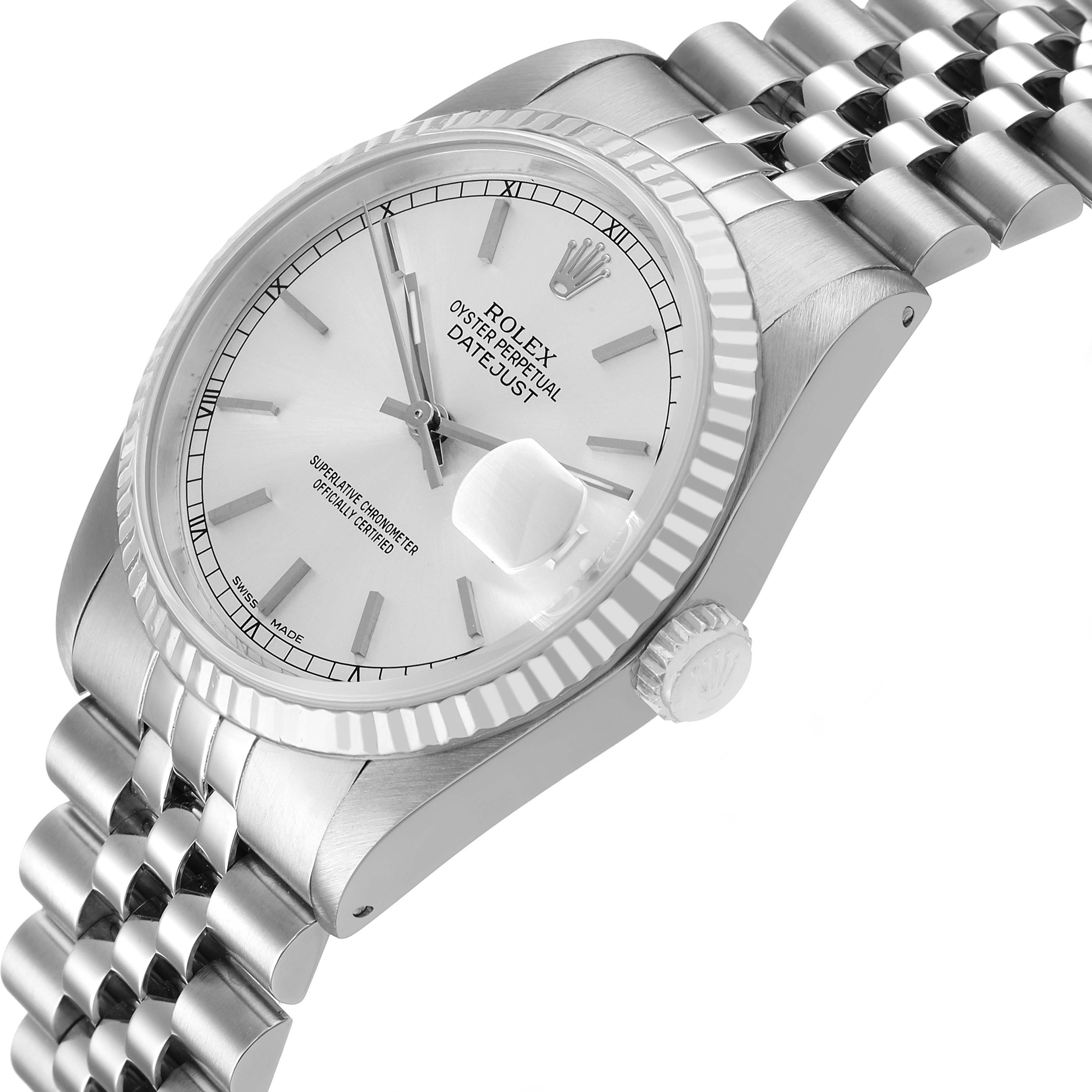 The image shows a Rolex Datejust 16234 Men's Steel and Gold (two tone) Silver Dial watch from a side angle, highlighting the bezel, crown, bracelet, and partially the dial.