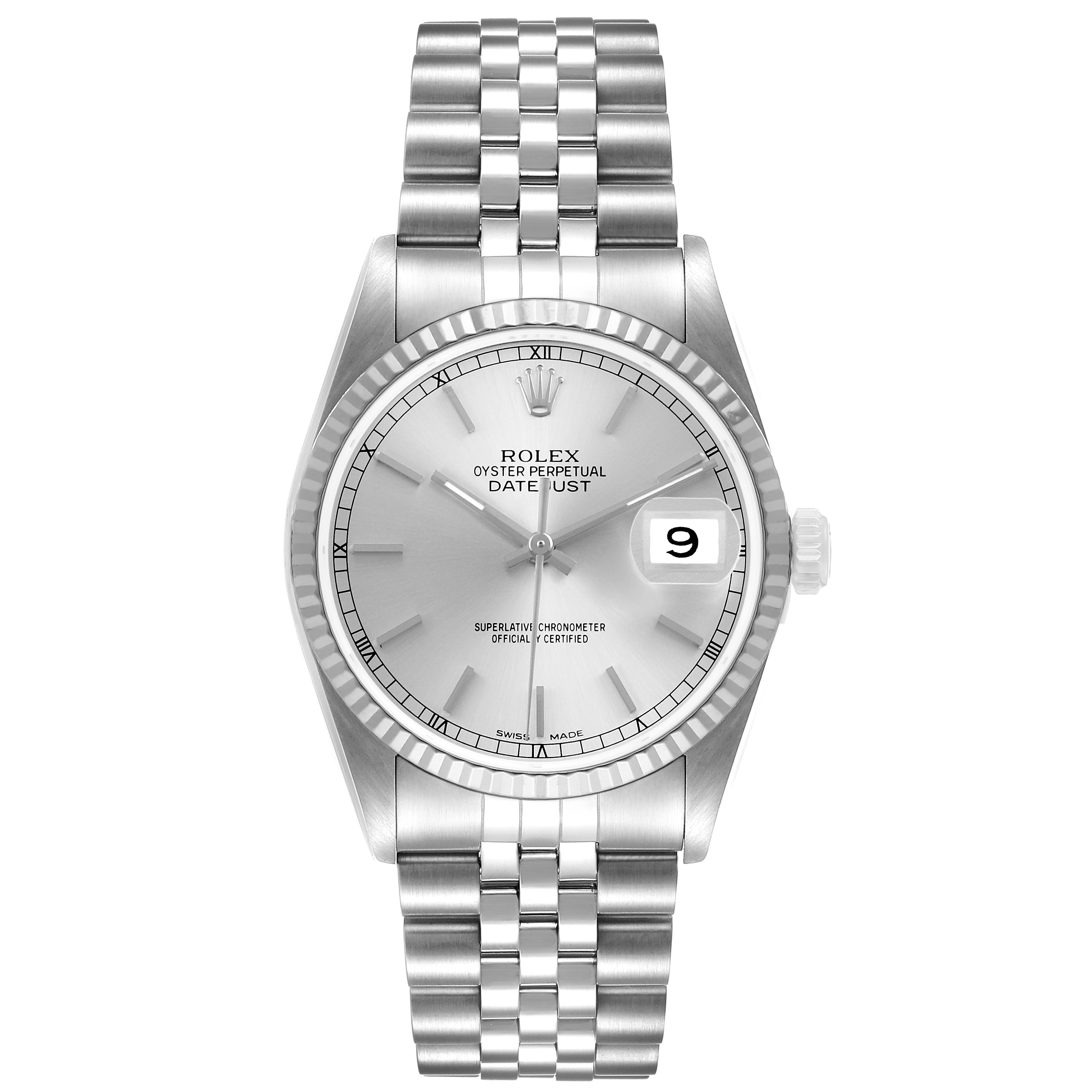 The Rolex Datejust 16234 Men's Steel and Gold (two tone) Silver Dial watch is shown from a front view, displaying its dial, bezel, bracelet, and crown.