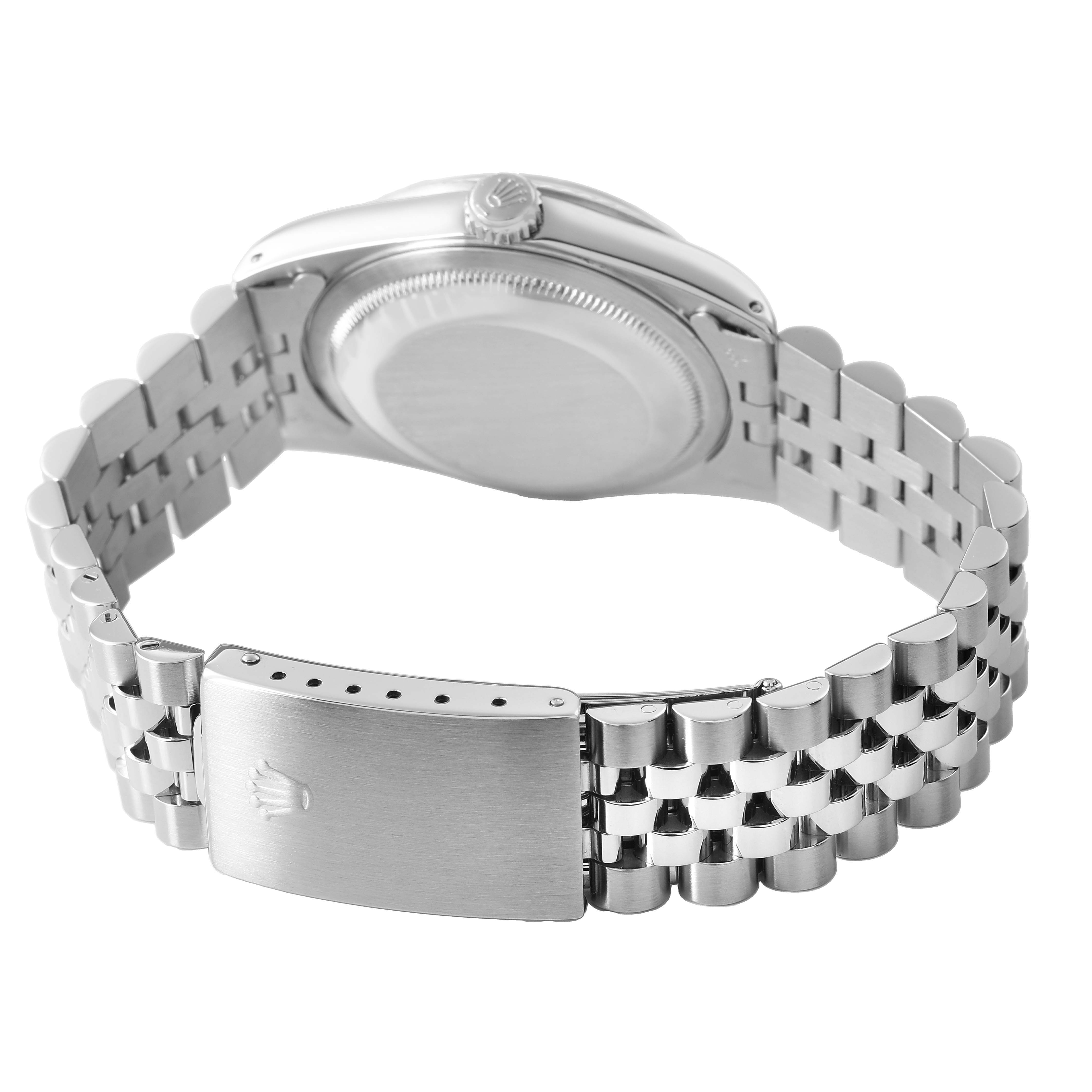 The Rolex Datejust 16234 Men's Steel and Gold (two tone) Silver Dial watch is viewed from the back, showing the case, crown, and Jubilee bracelet with clasp.