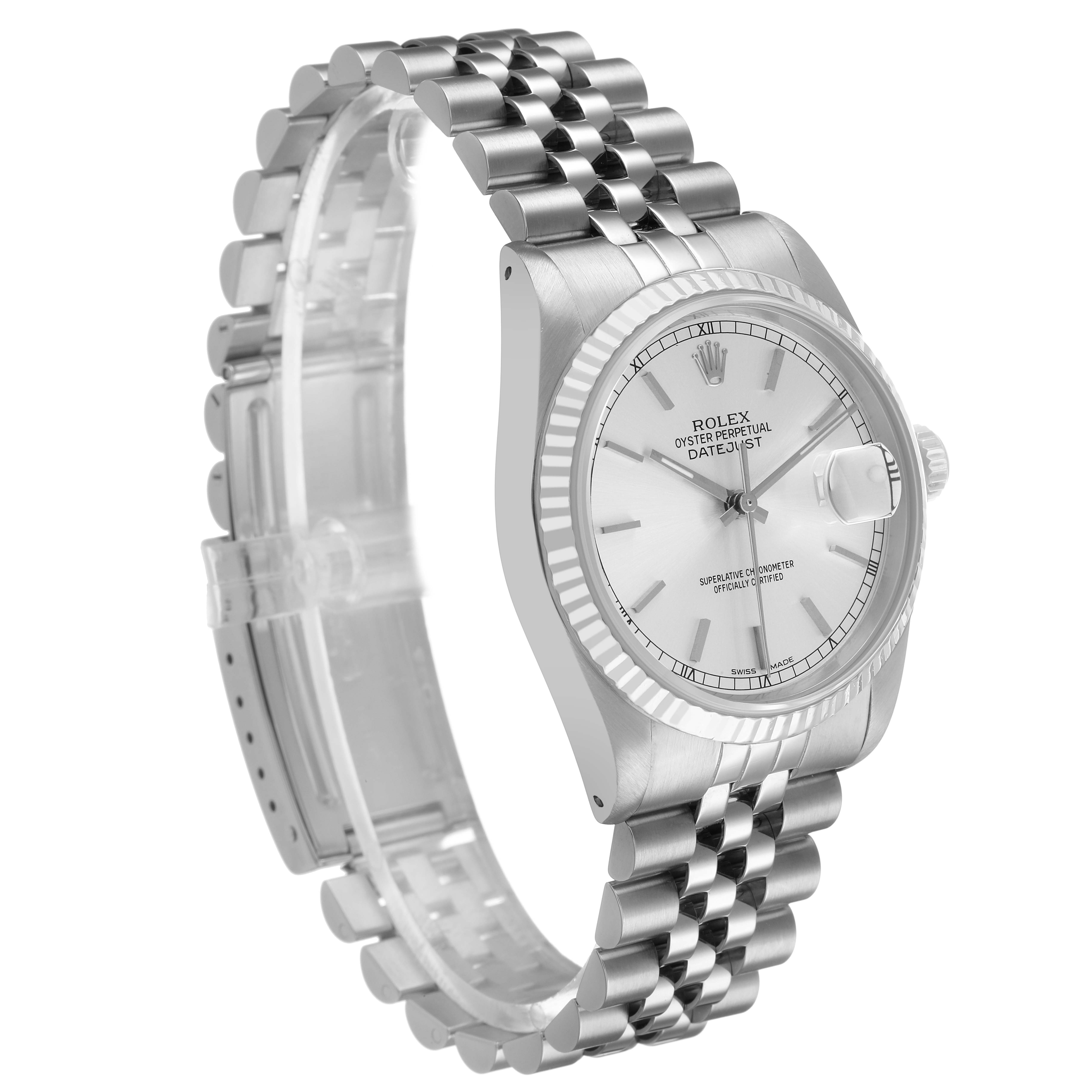 This image shows a Rolex Datejust 16234 Men's Steel and Gold (two tone) Silver Dial watch at a three-quarter angle, highlighting the face, bezel, and bracelet.