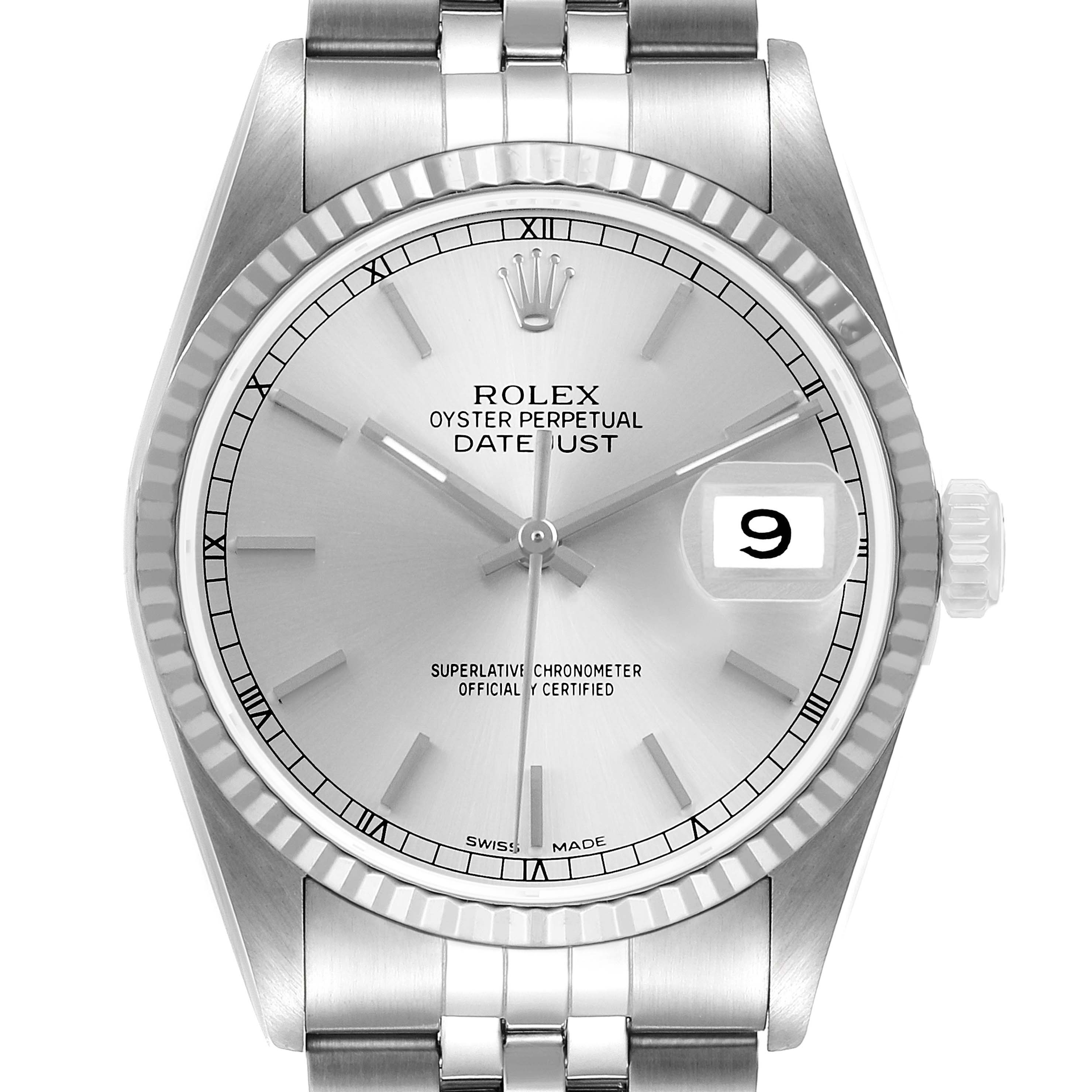 The Rolex Datejust 16234 Men's Steel and Gold (two tone) Silver Dial watch is shown from the front, highlighting the dial, fluted bezel, and jubilee bracelet.