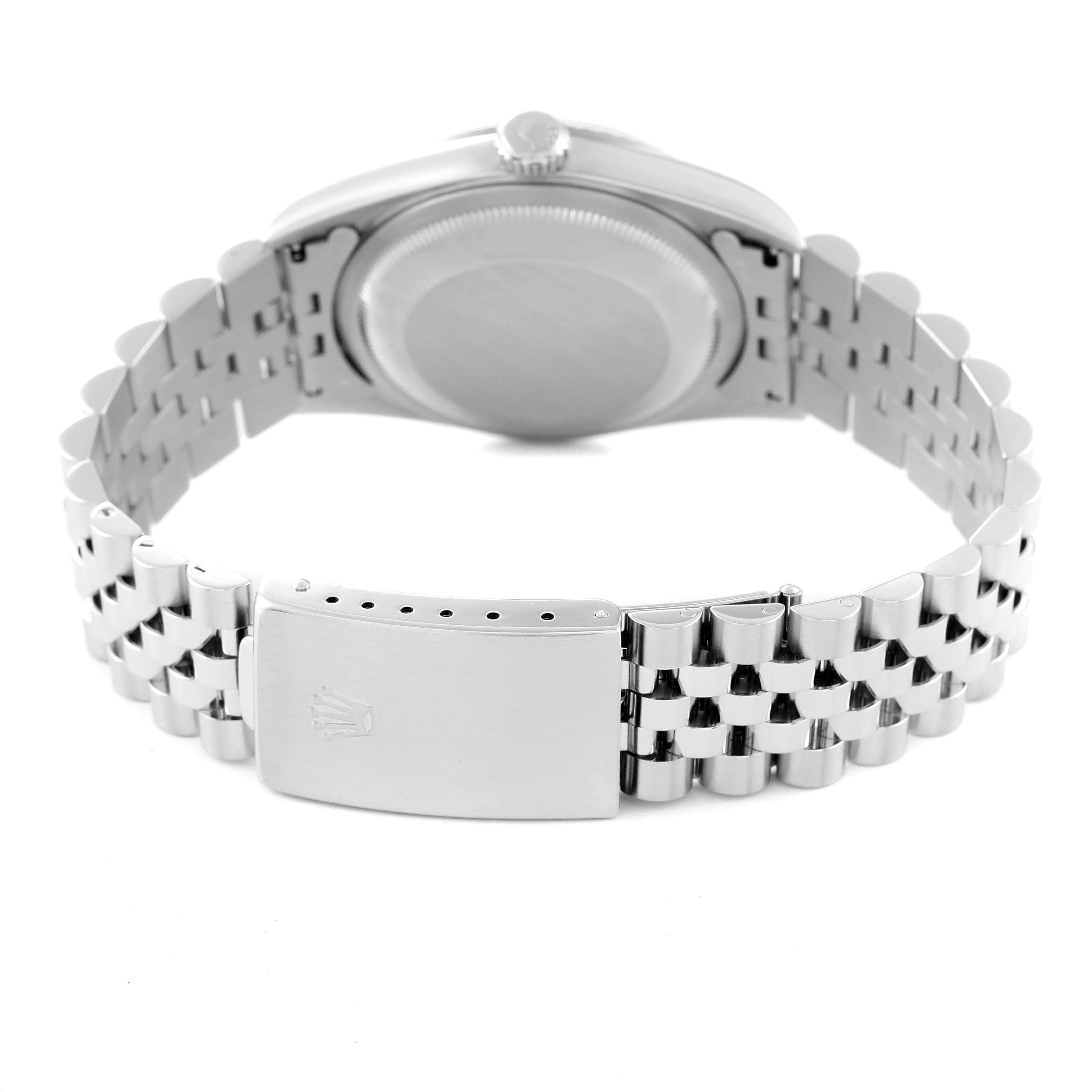 This image shows the back and bracelet of a Rolex Datejust 16234 Men's Stainless Steel Blue Dial 16234 Men's Stainless Steel Blue Dial watch from a rear angle.