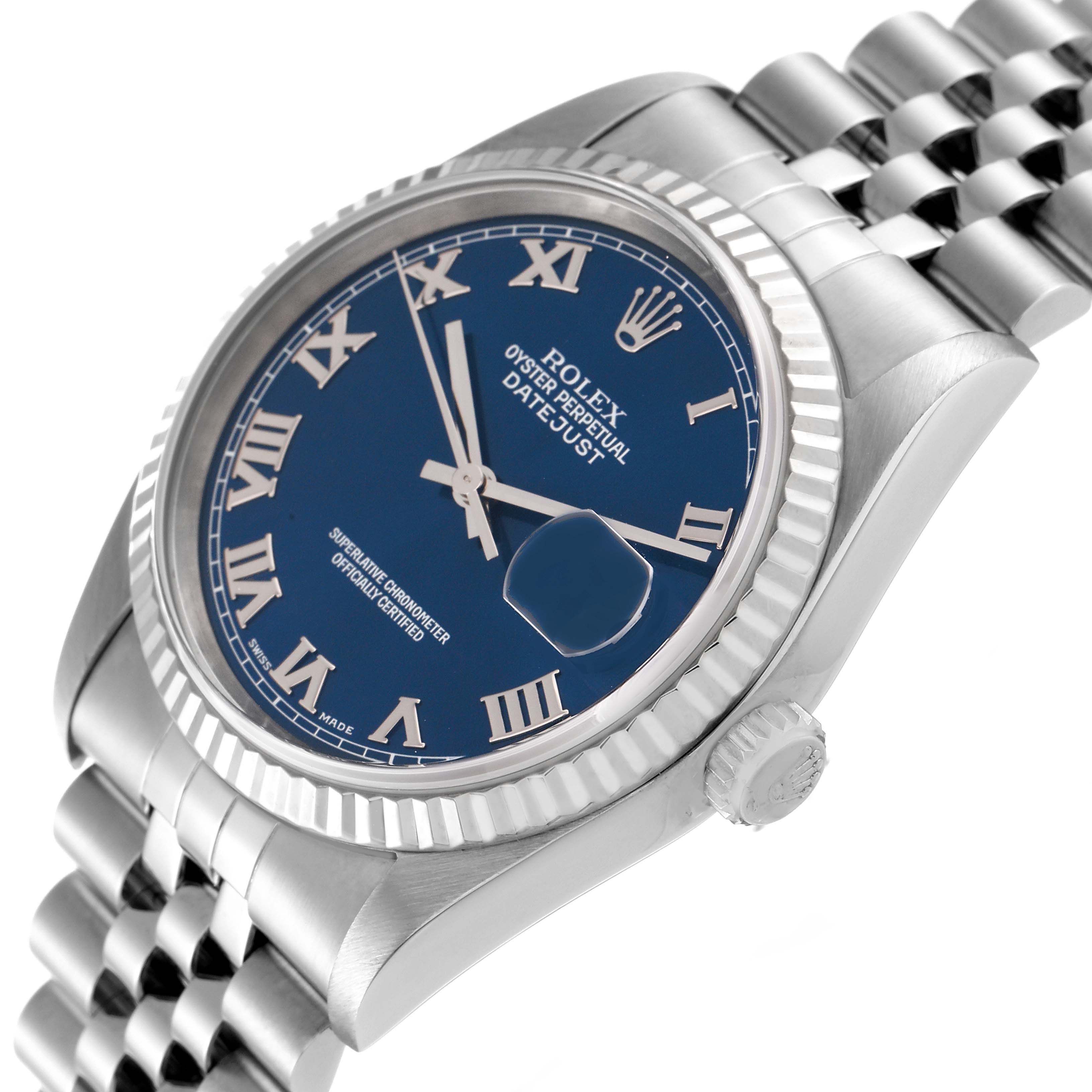 This image shows a side angle of the Rolex Datejust 16234 Men's Stainless Steel Blue Dial 16234 Men's Stainless Steel Blue Dial watch, highlighting the blue dial, cyclops date window, and metallic bracelet.