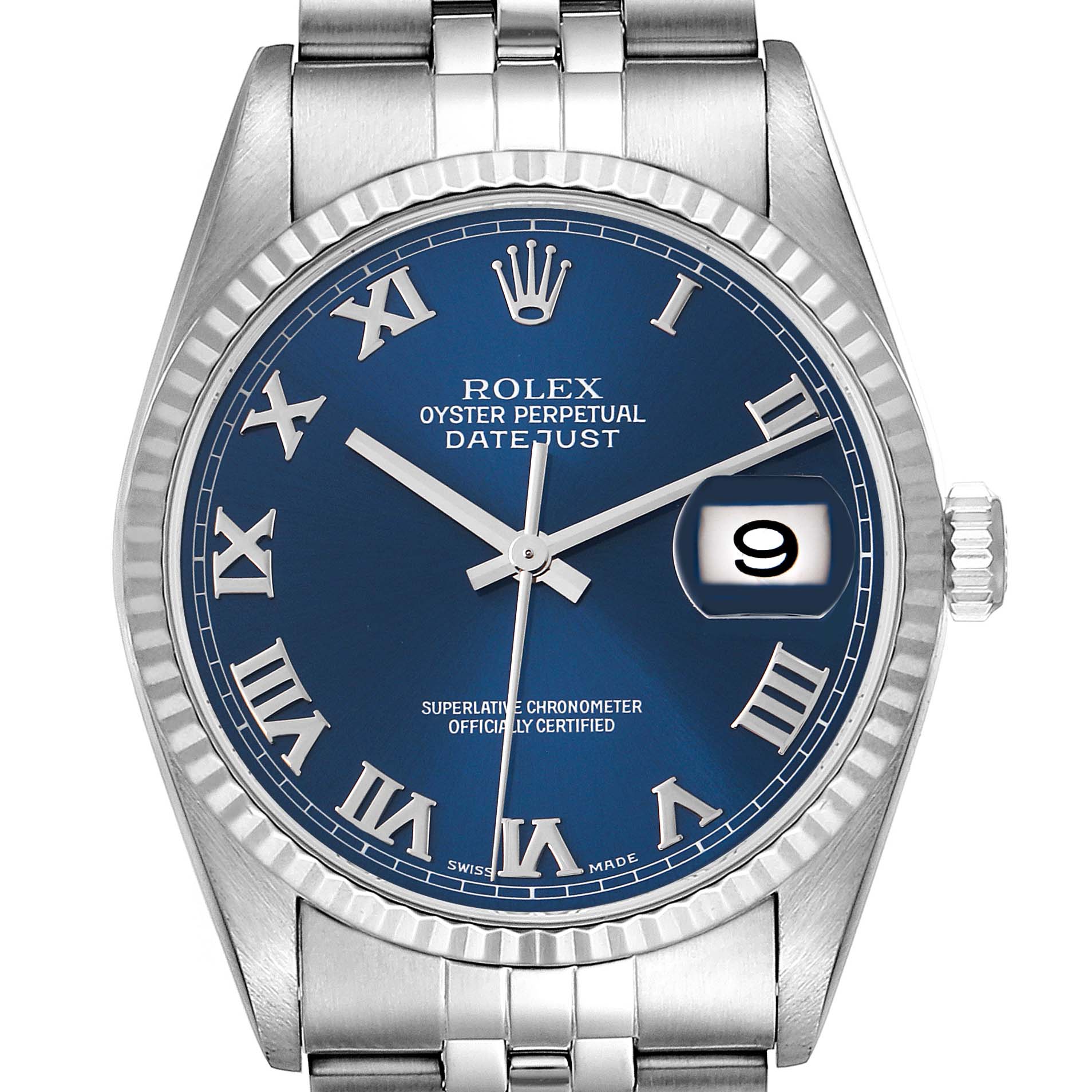 This image shows the front view of a Rolex Datejust 16234 Men's Stainless Steel Blue Dial 16234 Men's Stainless Steel Blue Dial watch featuring a blue dial with Roman numerals and a date window.