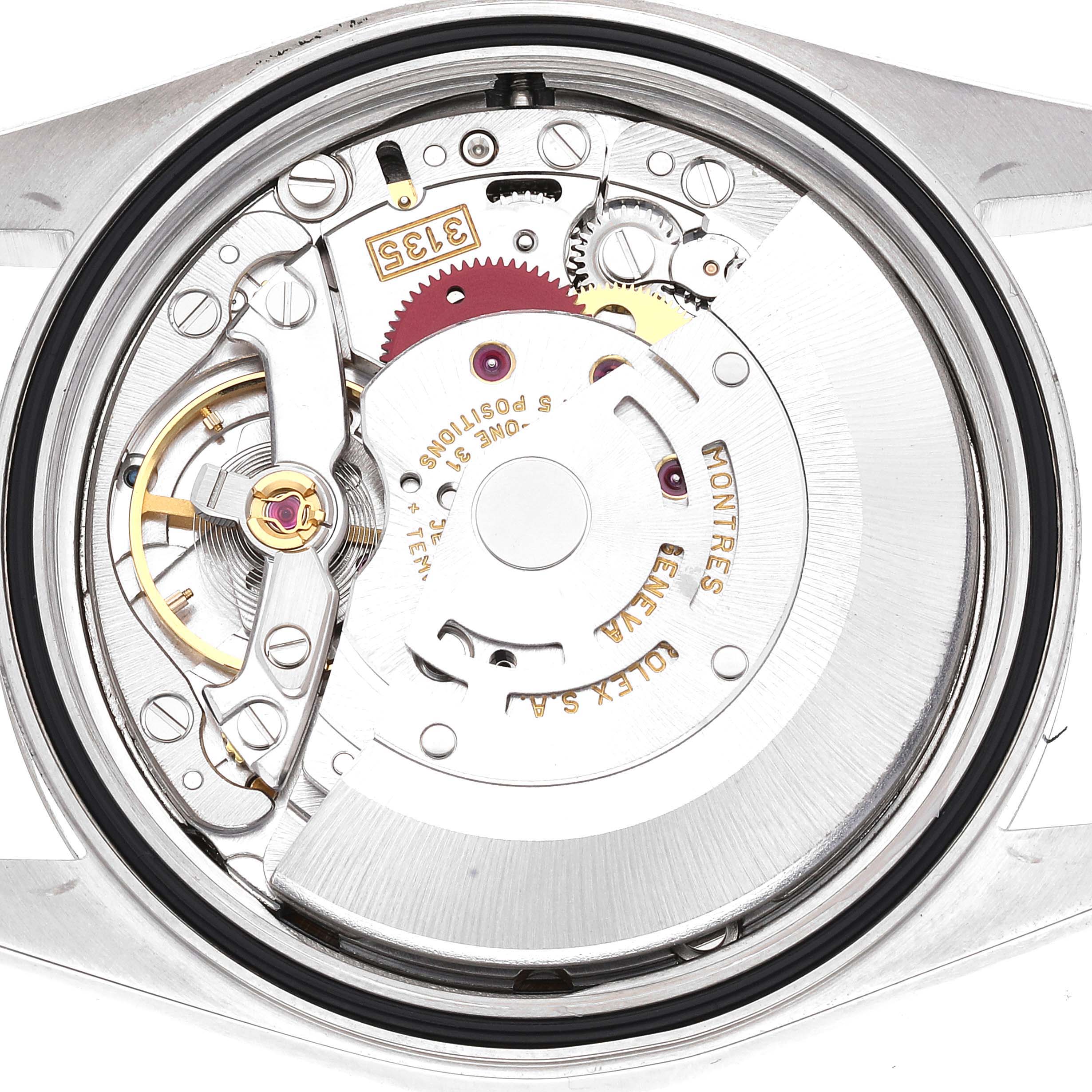 The image shows the back view of the movement and inner mechanism of a Rolex Datejust 16234 Men's Stainless Steel Blue Dial 16234 Men's Stainless Steel Blue Dial watch.