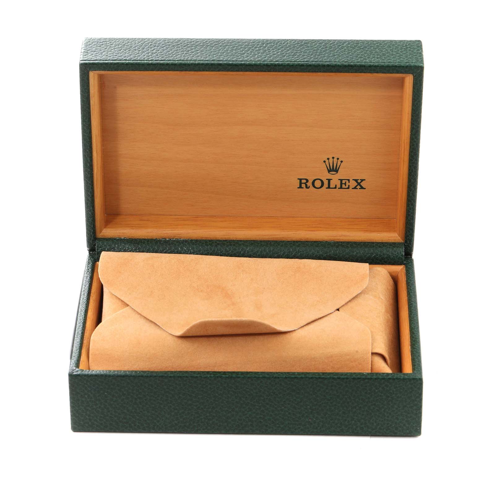 The image shows an open green leather Rolex watch box, labeled inside, containing a suede pouch, viewed from a front angle.