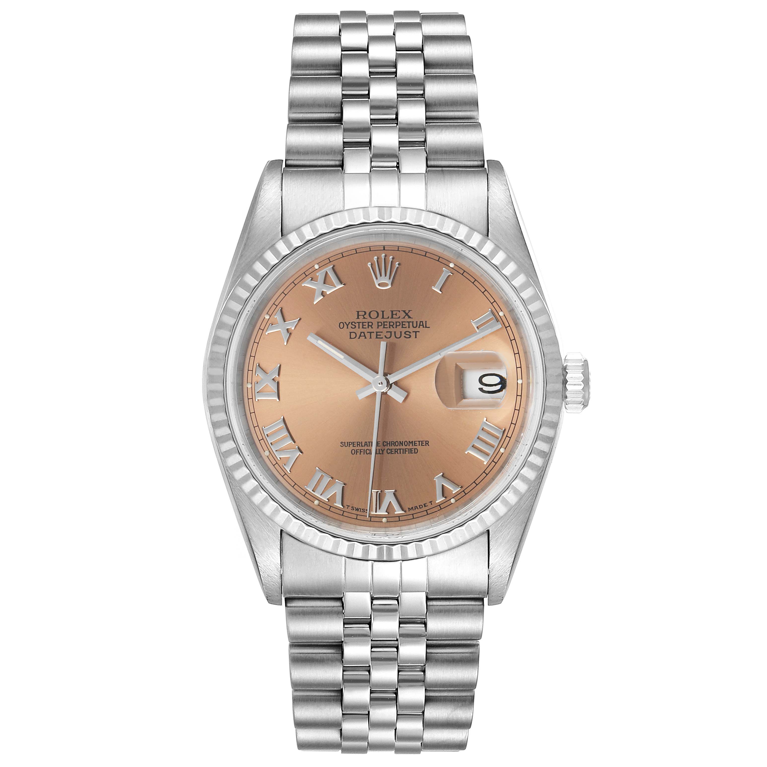 The image shows a front view of the Rolex Datejust 16234 Men's Stainless Steel Pink Dial 16234 Men's Stainless Steel Pink Dial watch, featuring its face, bezel, and bracelet.