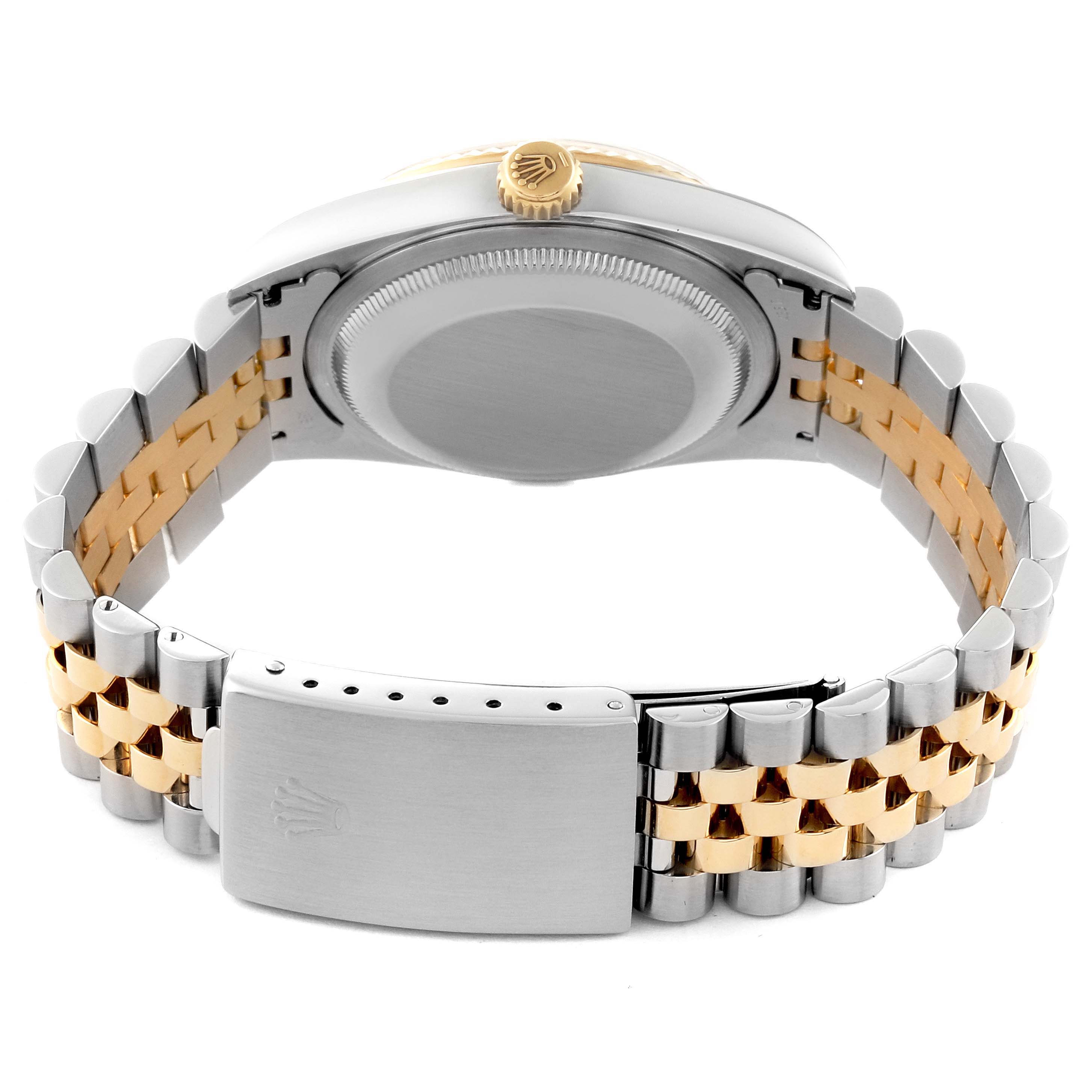 This image shows the back and strap clasp of a Rolex Datejust 16233 Men's Stainless Steel Black Dial 16233 Men's Stainless Steel Black Dial watch, featuring a two-tone metal bracelet.