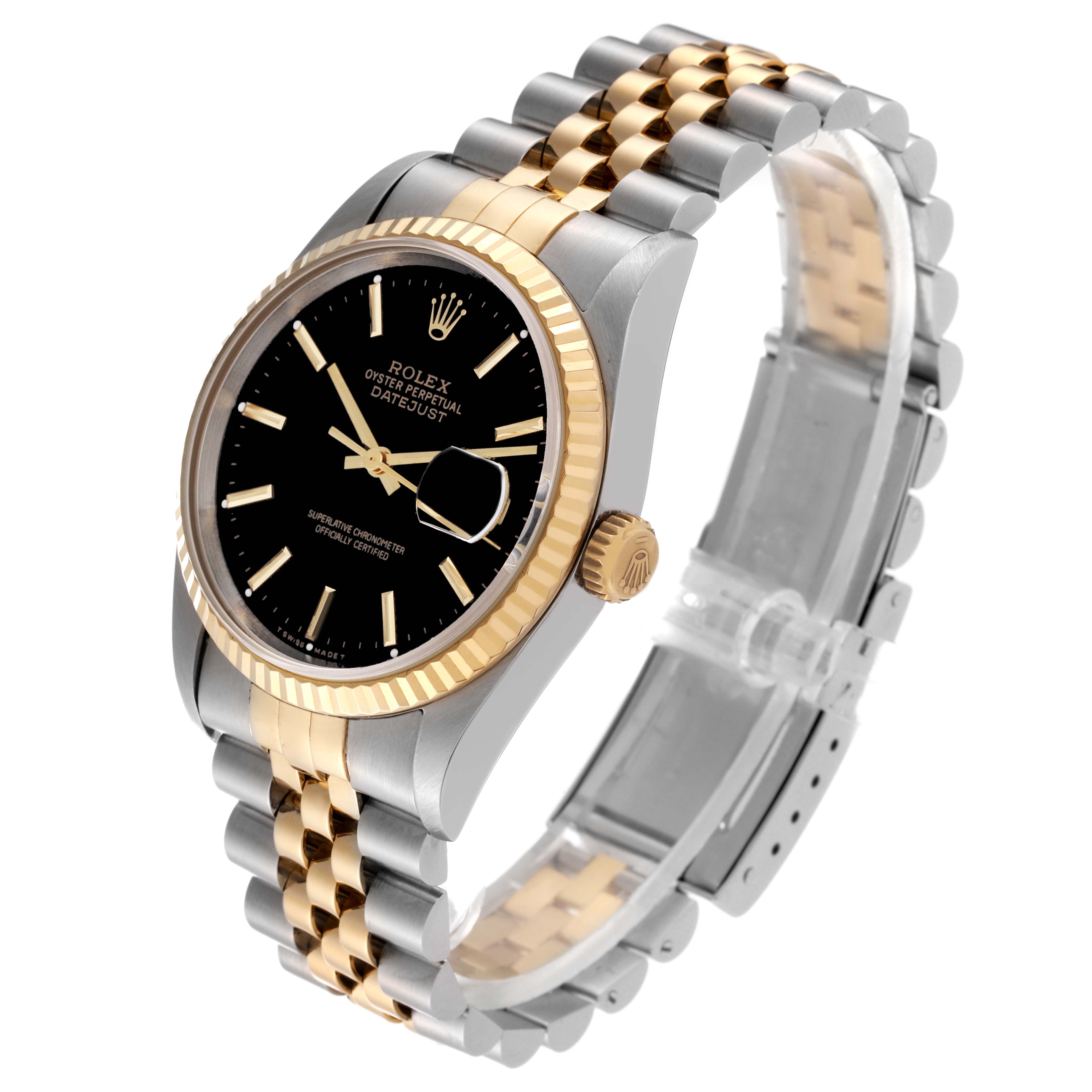 The image shows a Rolex Datejust 16233 Men's Stainless Steel Black Dial 16233 Men's Stainless Steel Black Dial watch at a slightly angled side view, highlighting the case, dial, crown, and bracelet.