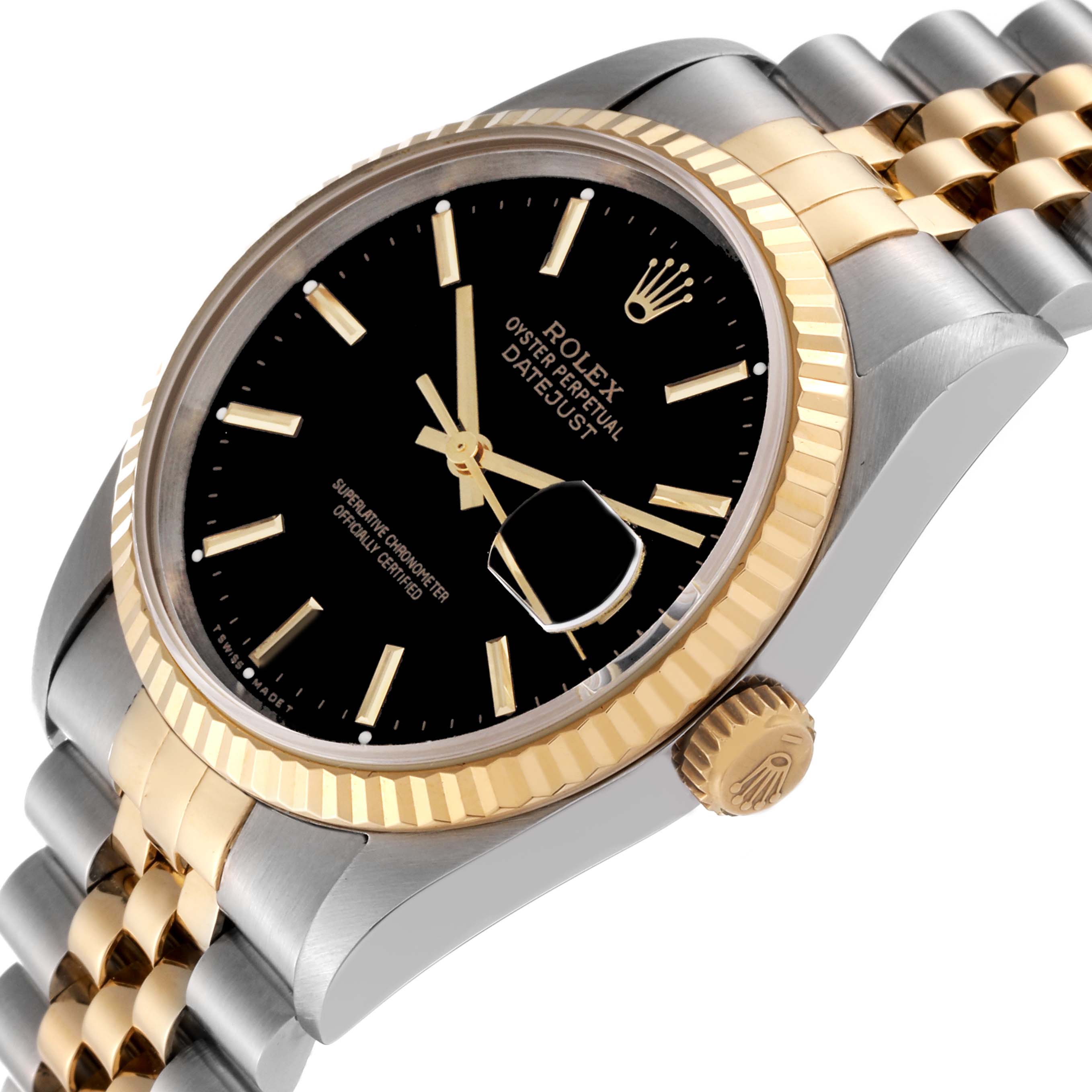 The image shows a close-up angle of a Rolex Datejust 16233 Men's Stainless Steel Black Dial 16233 Men's Stainless Steel Black Dial watch focusing on its face, bezel, crown, and part of the band.
