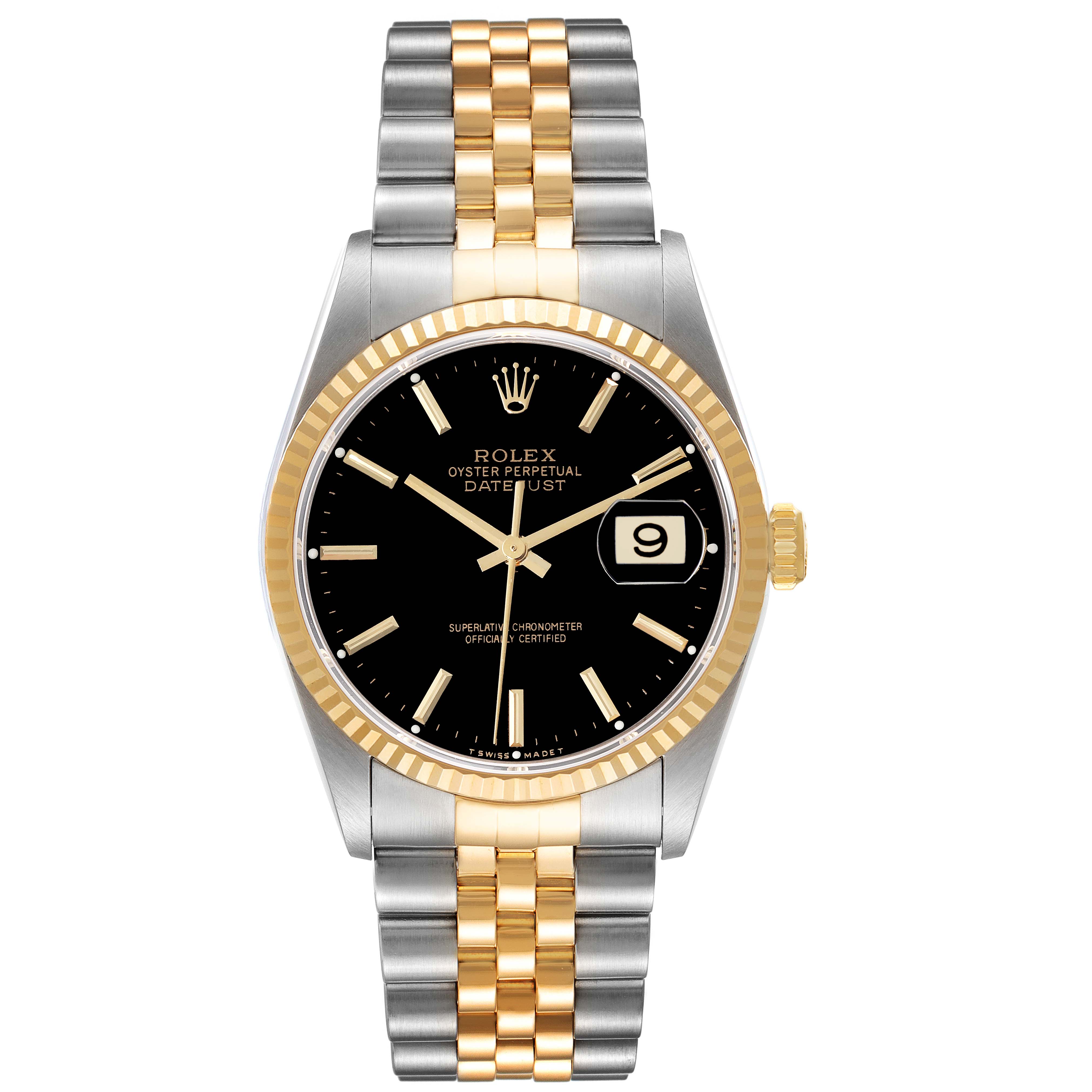 This image shows a Rolex Datejust 16233 Men's Stainless Steel Black Dial 16233 Men's Stainless Steel Black Dial watch from a frontal angle, detailing its black dial, gold fluted bezel, and two-tone bracelet.