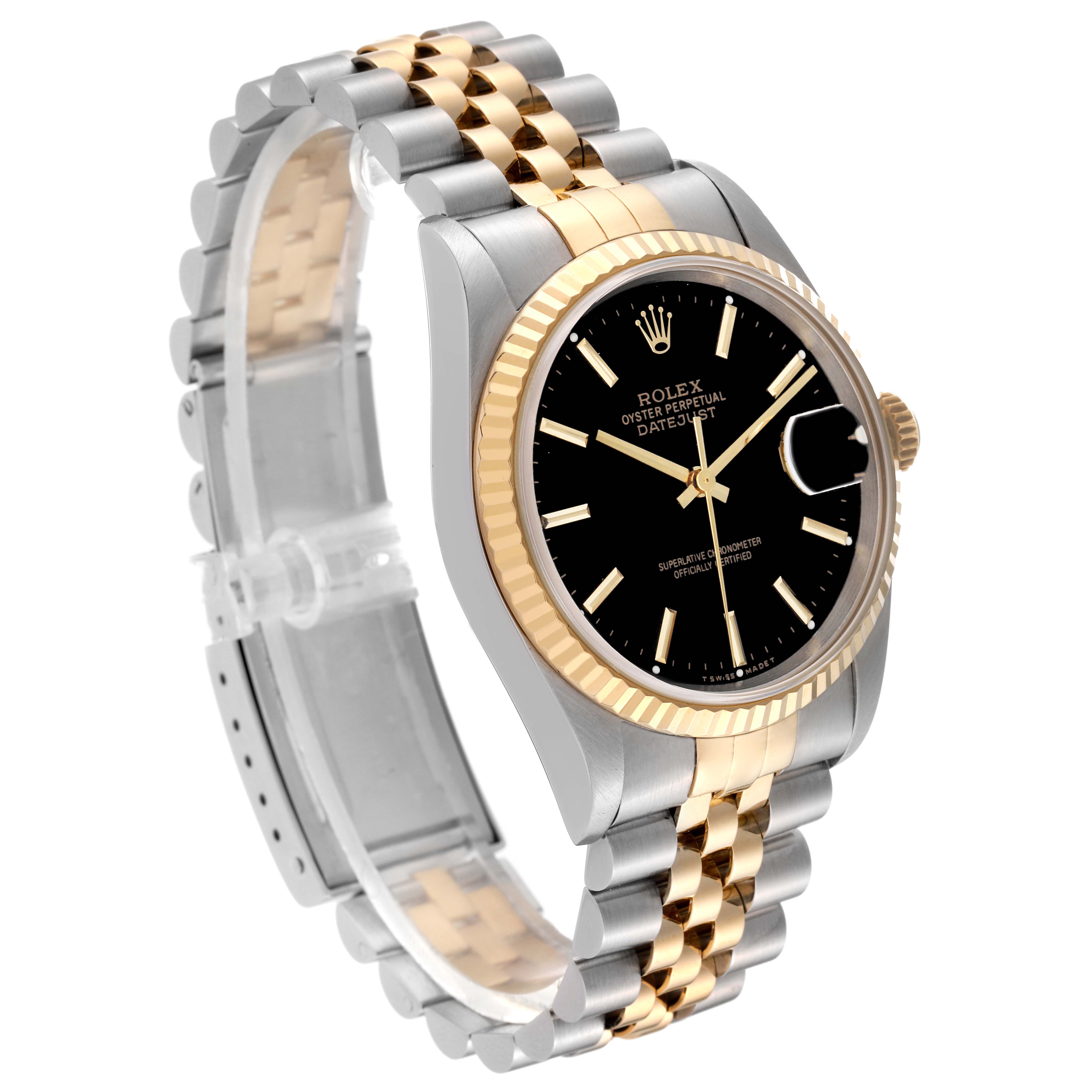 This Rolex Datejust 16233 Men's Stainless Steel Black Dial 16233 Men's Stainless Steel Black Dial model is shown at a three-quarter angle, displaying the bezel, dial, bracelet, and clasp.