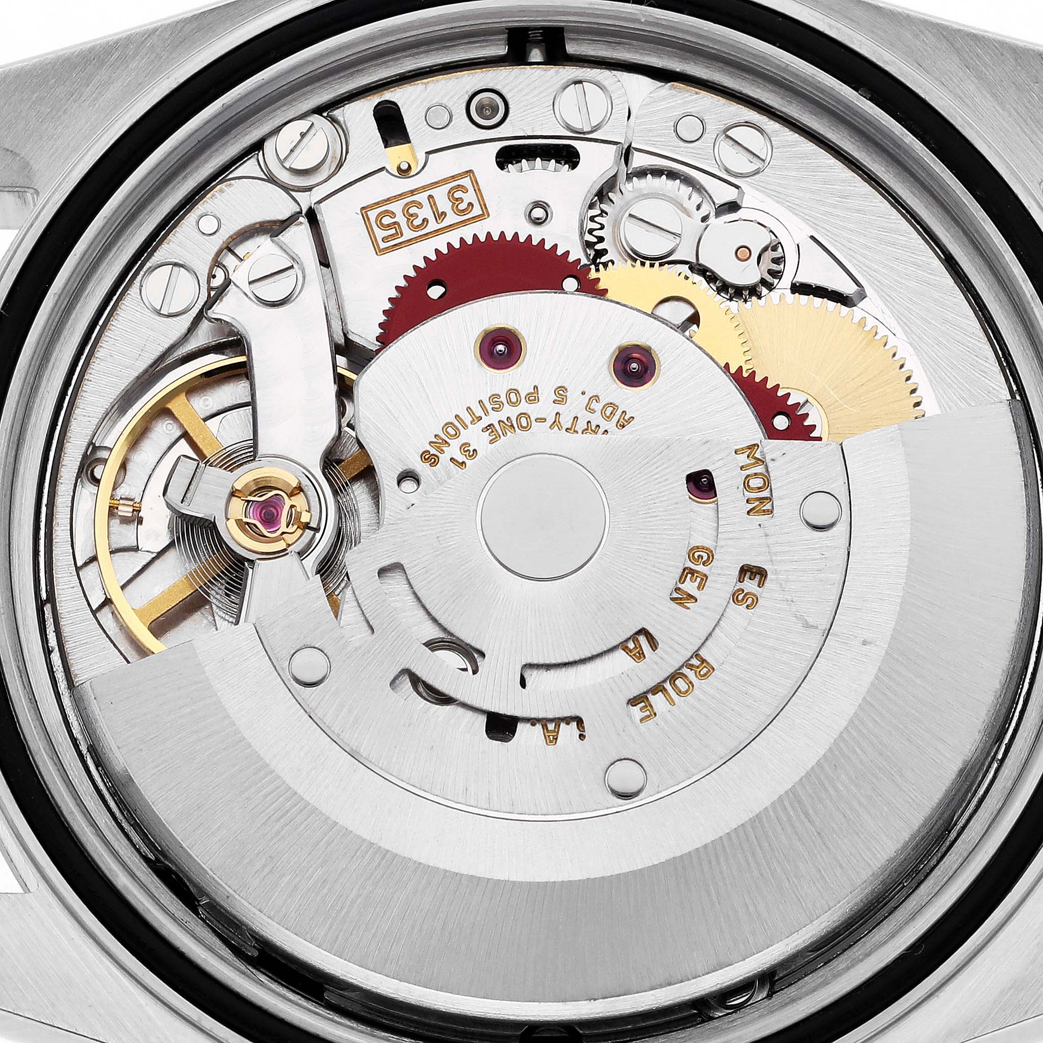 The image shows a close-up of the Rolex Datejust 16233 Men's Stainless Steel Black Dial 16233 Men's Stainless Steel Black Dial watch movement mechanism from the back.