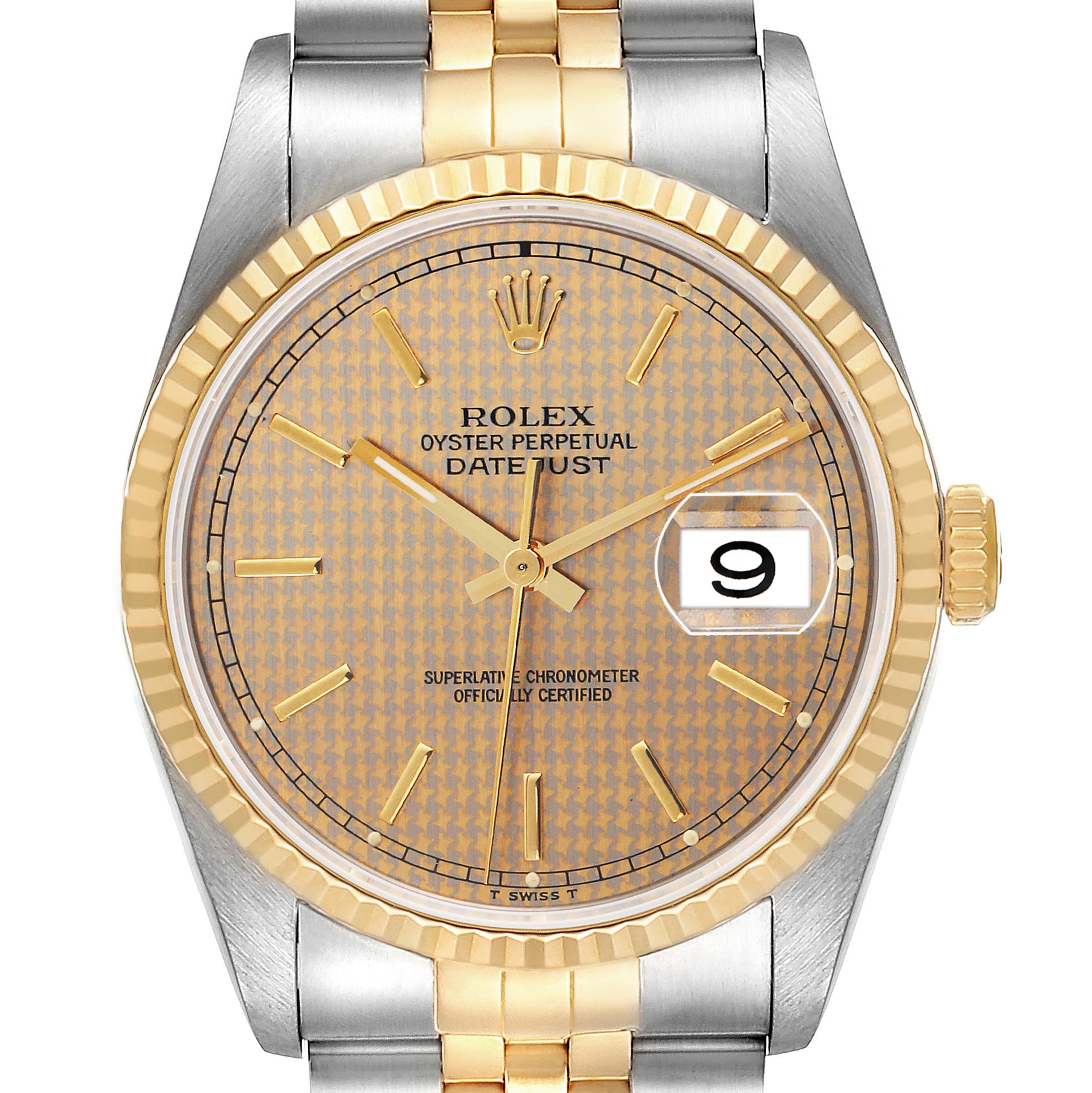 The Rolex Datejust 16233 Men's Steel and Gold (two tone) Champagne Dial 16233 Men's Steel and Gold (two tone) Champagne Dial watch is shown from the front, displaying the face, bezel, and part of the bracelet.