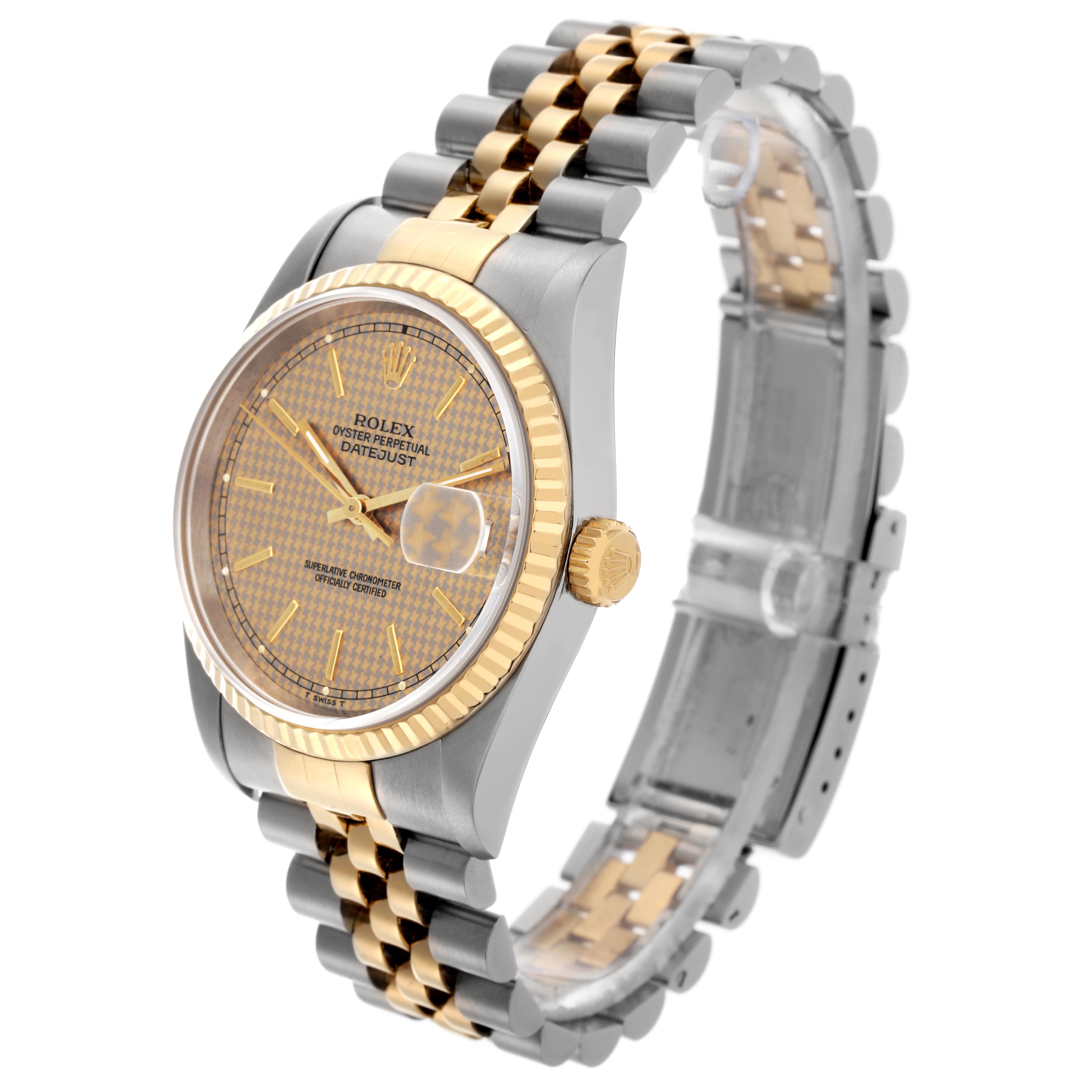 The Rolex Datejust 16233 Men's Steel and Gold (two tone) Champagne Dial 16233 Men's Steel and Gold (two tone) Champagne Dial watch is shown at a three-quarter angle, displaying the dial, bezel, crown, and part of the jubilee bracelet.