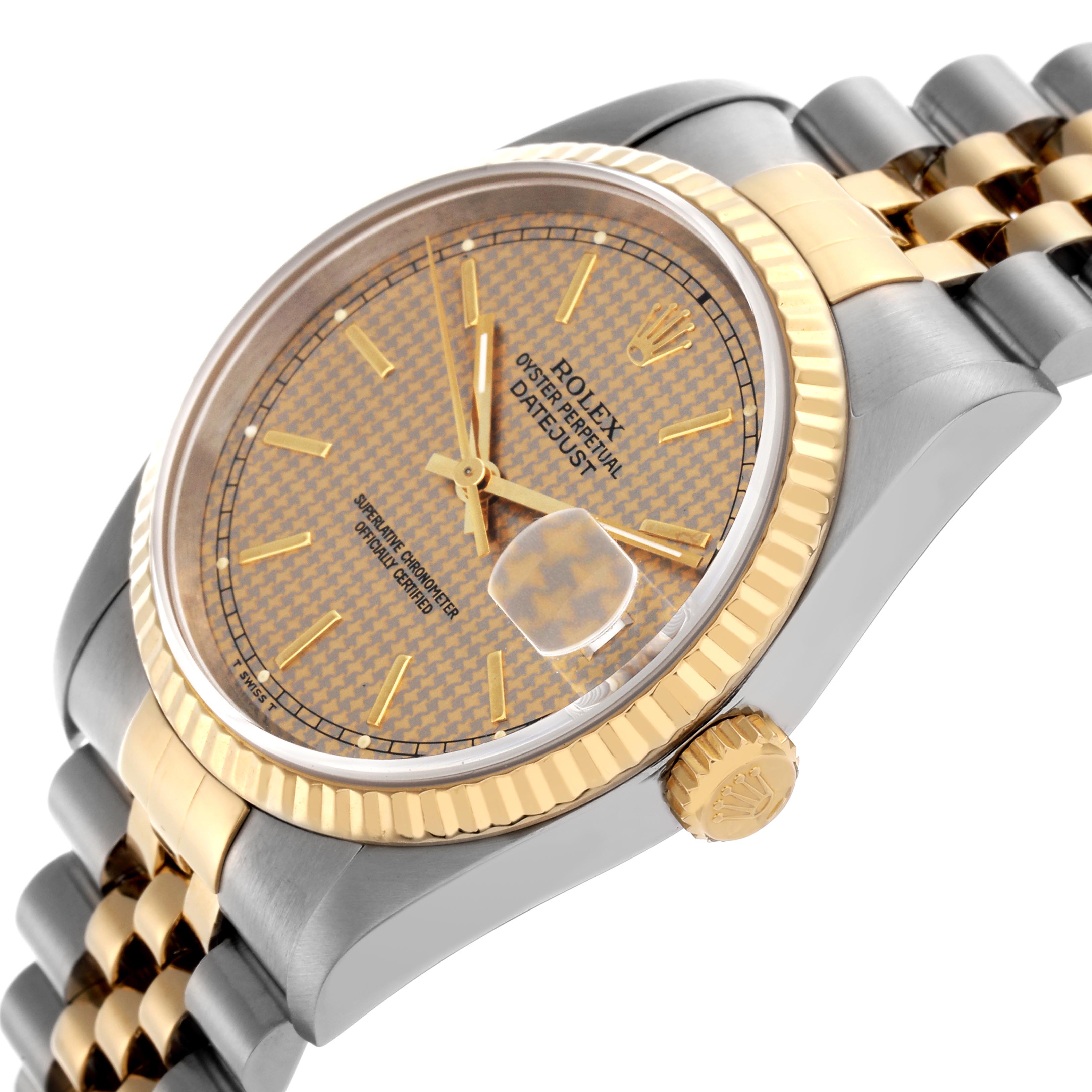 The Rolex Datejust 16233 Men's Steel and Gold (two tone) Champagne Dial 16233 Men's Steel and Gold (two tone) Champagne Dial watch is shown at a three-quarter angle, highlighting the dial, bezel, crown, and two-tone bracelet.