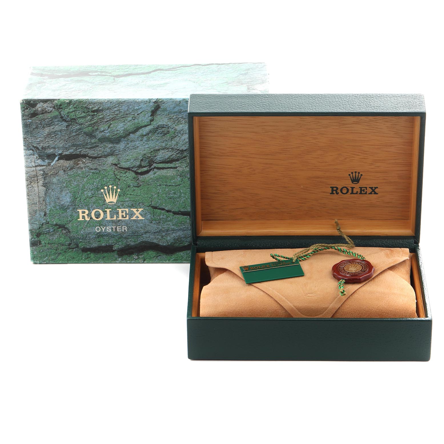 The image shows a Rolex Datejust 16233 Men's Steel and Gold (two tone) Champagne Dial 16233 Men's Steel and Gold (two tone) Champagne Dial box set, including an outer box, an open inner box, and tags, with the watch not visible.