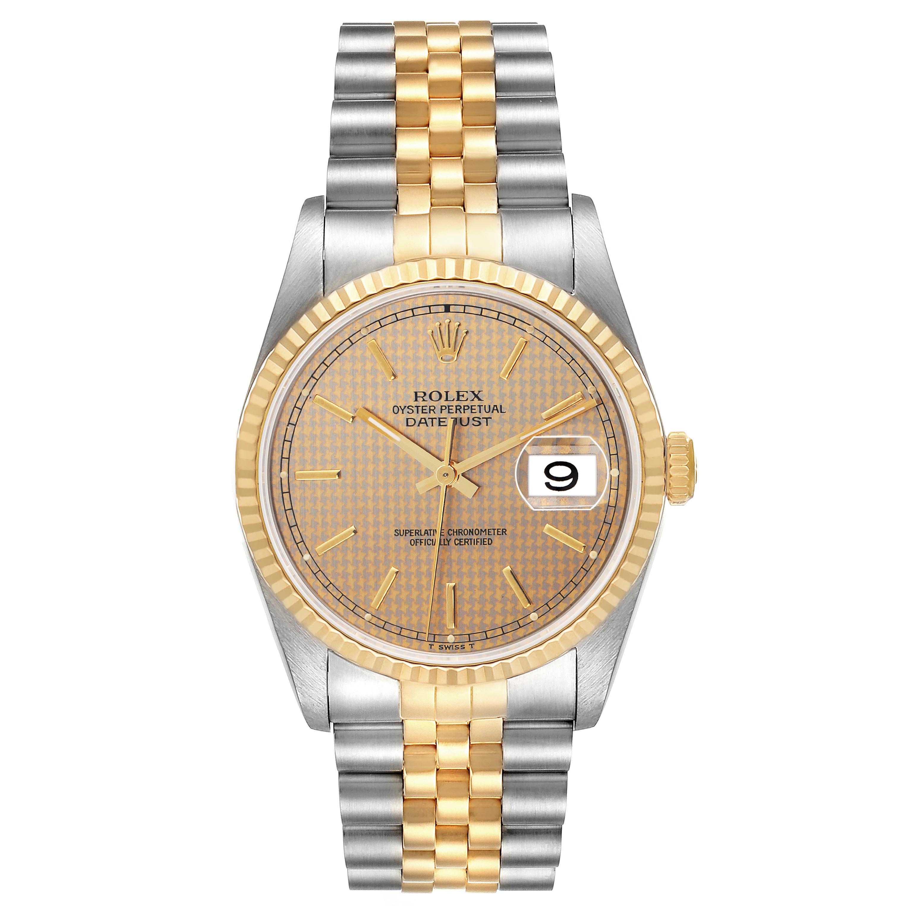 The Rolex Datejust 16233 Men's Steel and Gold (two tone) Champagne Dial 16233 Men's Steel and Gold (two tone) Champagne Dial watch is shown from the front, displaying its dial, bezel, crown, and bracelet.
