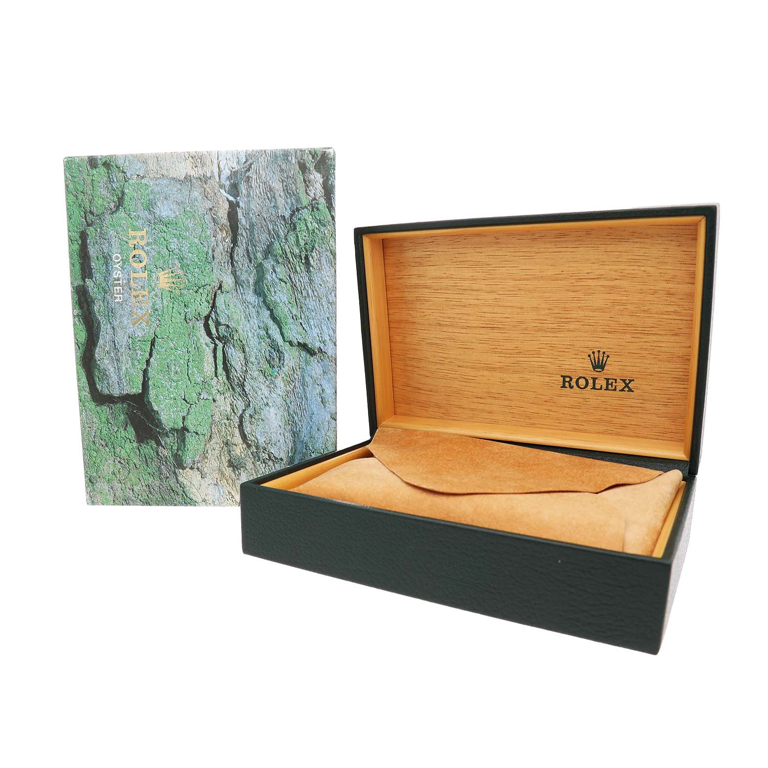 The image shows a Rolex Datejust 16233 Men's Steel and Gold (two tone) White Dial box and outer box sleeve from a frontal angle, with the lid open, displaying "Rolex" text inside.