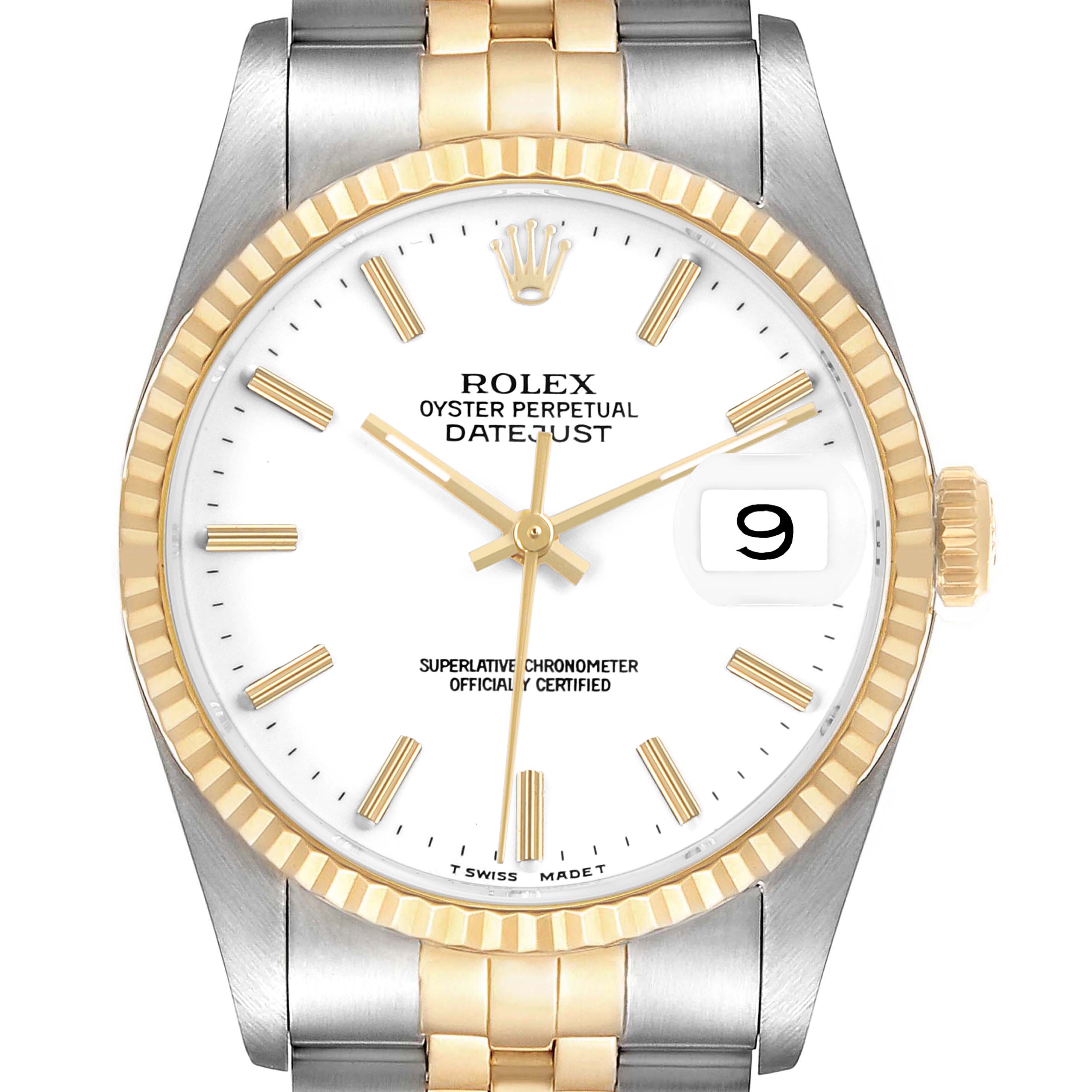 The image shows a front view of the Rolex Datejust 16233 Men's Steel and Gold (two tone) White Dial, highlighting the dial, fluted bezel, crown, and bracelet.