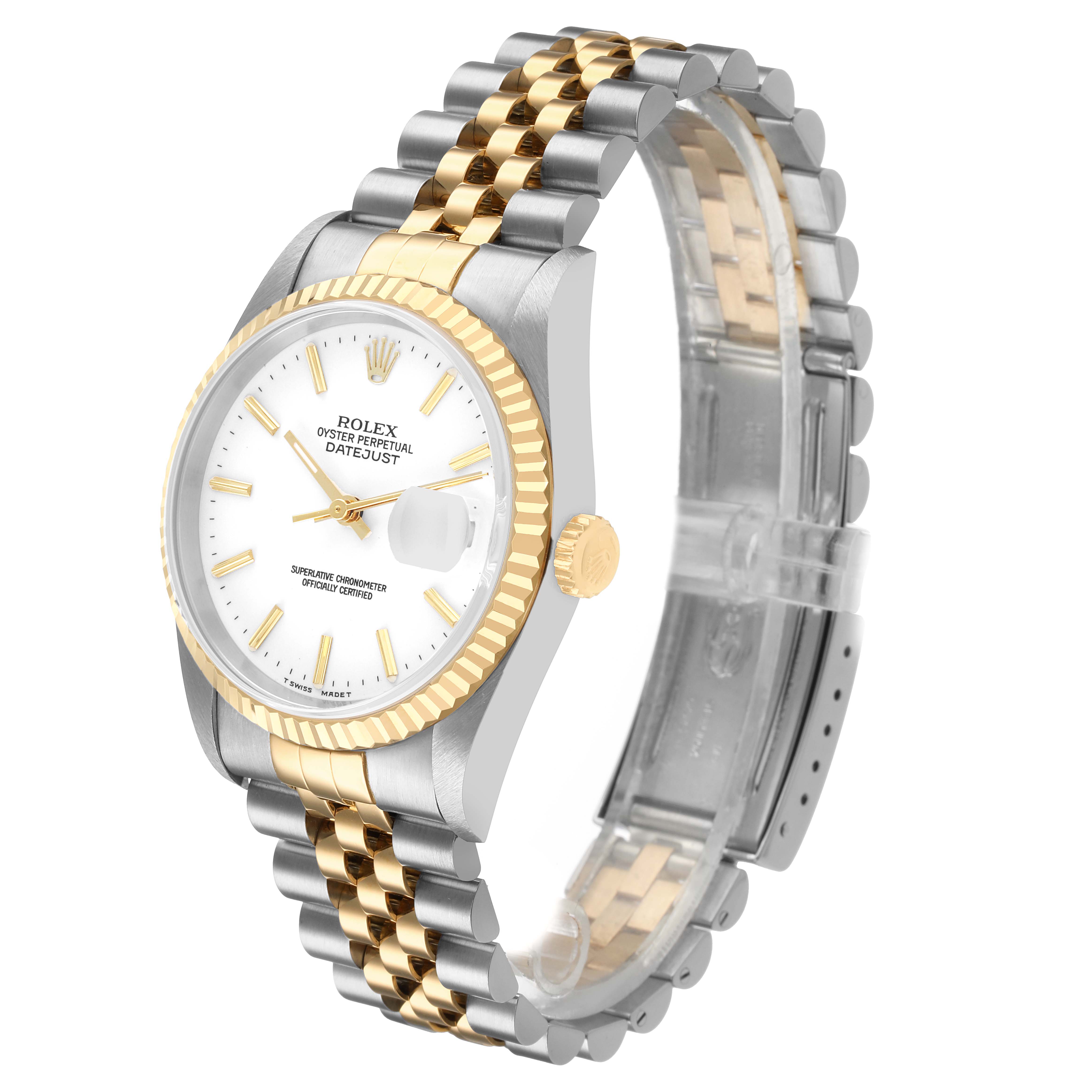 The Rolex Datejust 16233 Men's Steel and Gold (two tone) White Dial watch is shown from an angled side view, displaying the bezel, face, crown, and two-toned bracelet.