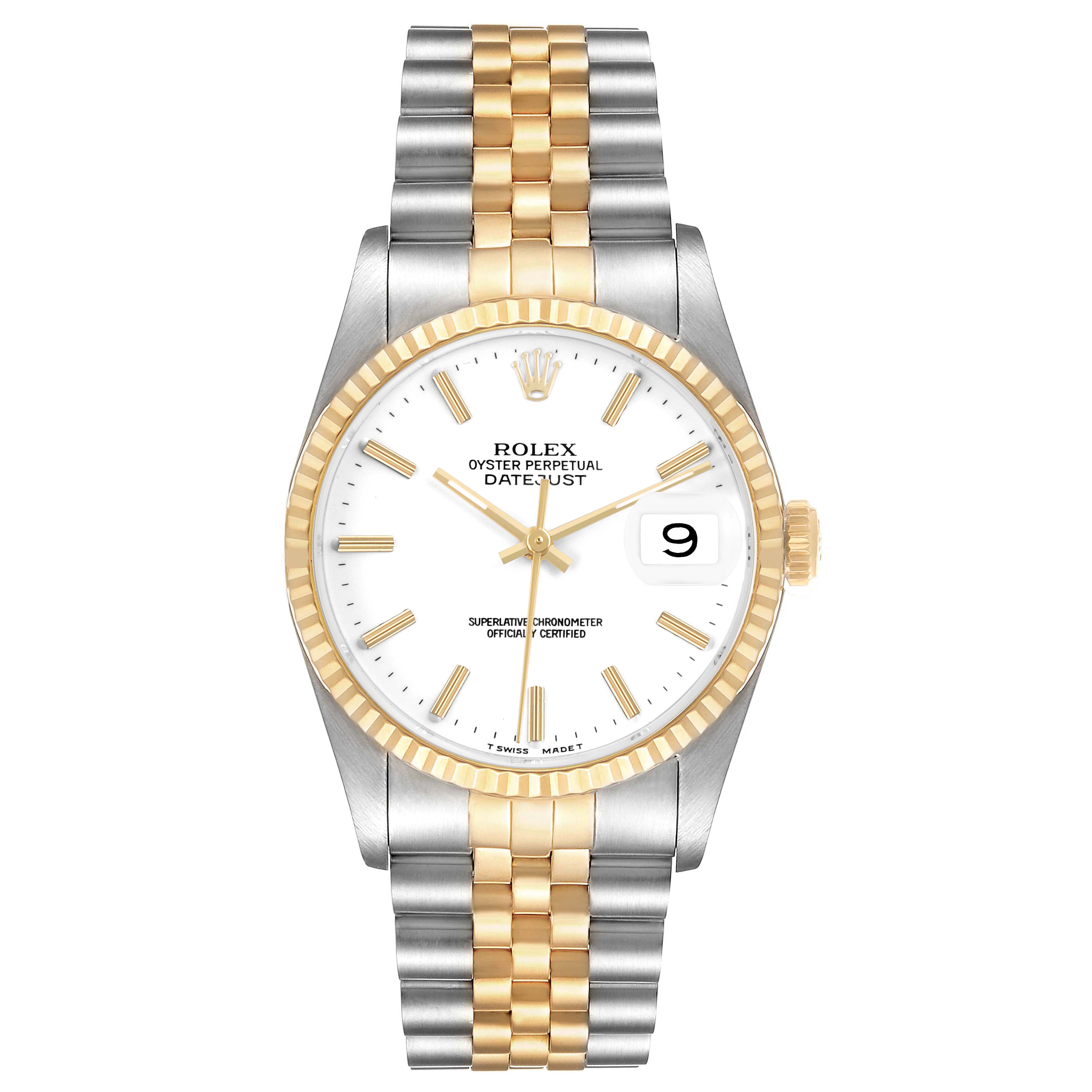 The Rolex Datejust 16233 Men's Steel and Gold (two tone) White Dial watch is shown from the front, displaying the face, bezel, and dual-tone bracelet.
