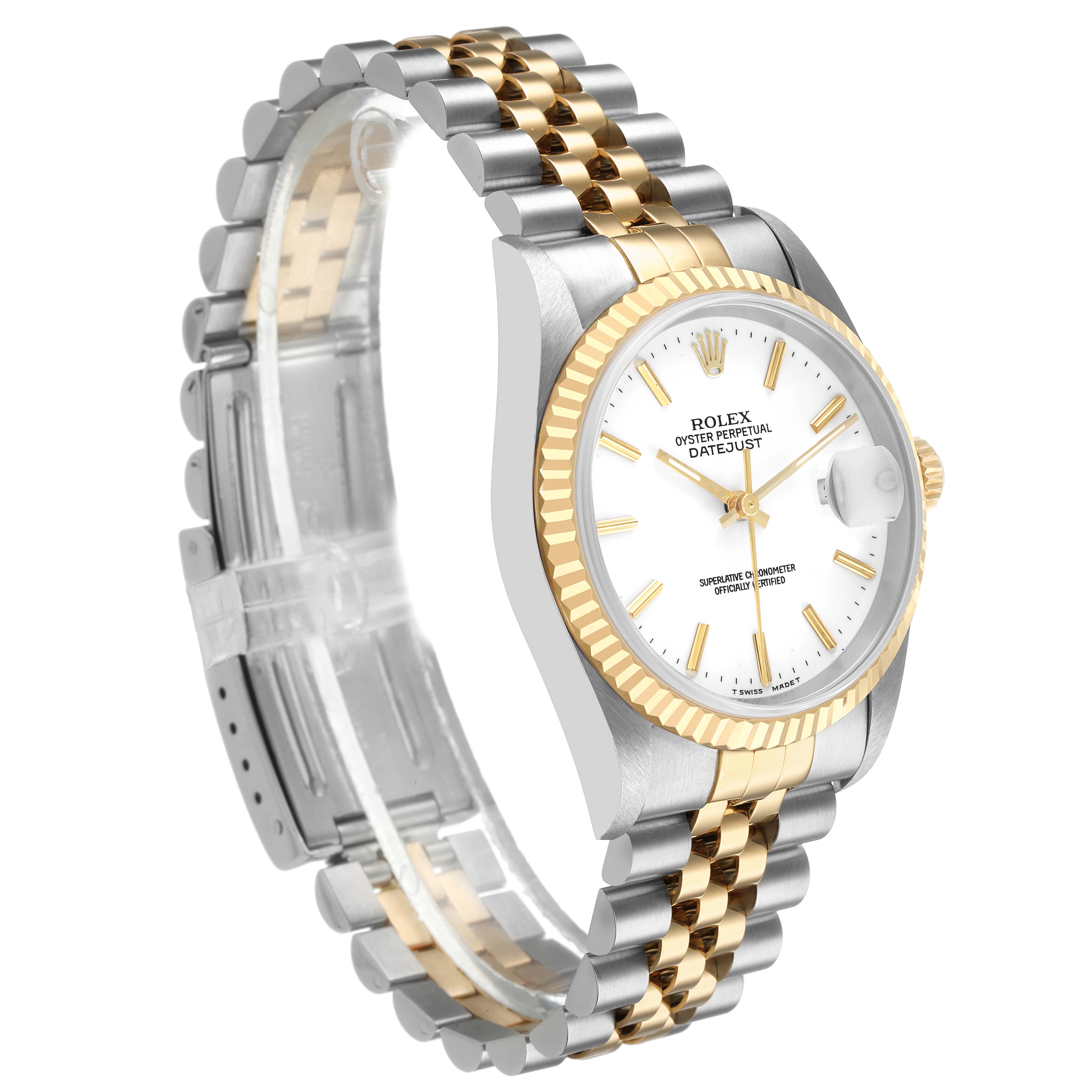 The Rolex Datejust 16233 Men's Steel and Gold (two tone) White Dial watch is shown at a three-quarter angle, highlighting the dial, fluted bezel, jubilee bracelet, and crown.