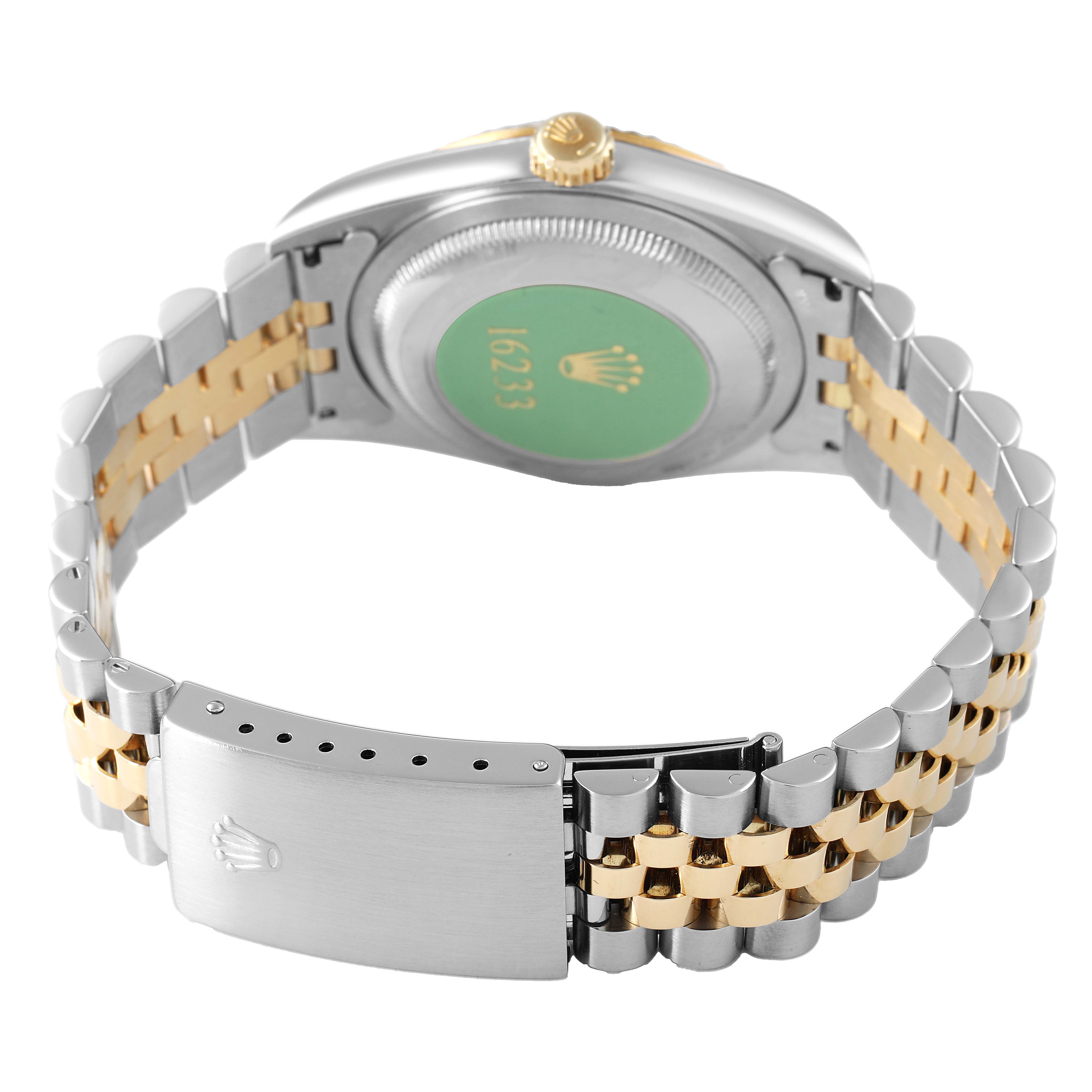 The image shows the back view of a Rolex Datejust 16233 Men's Steel and Gold (two tone) White Dial watch, highlighting the clasp and bracelet links.
