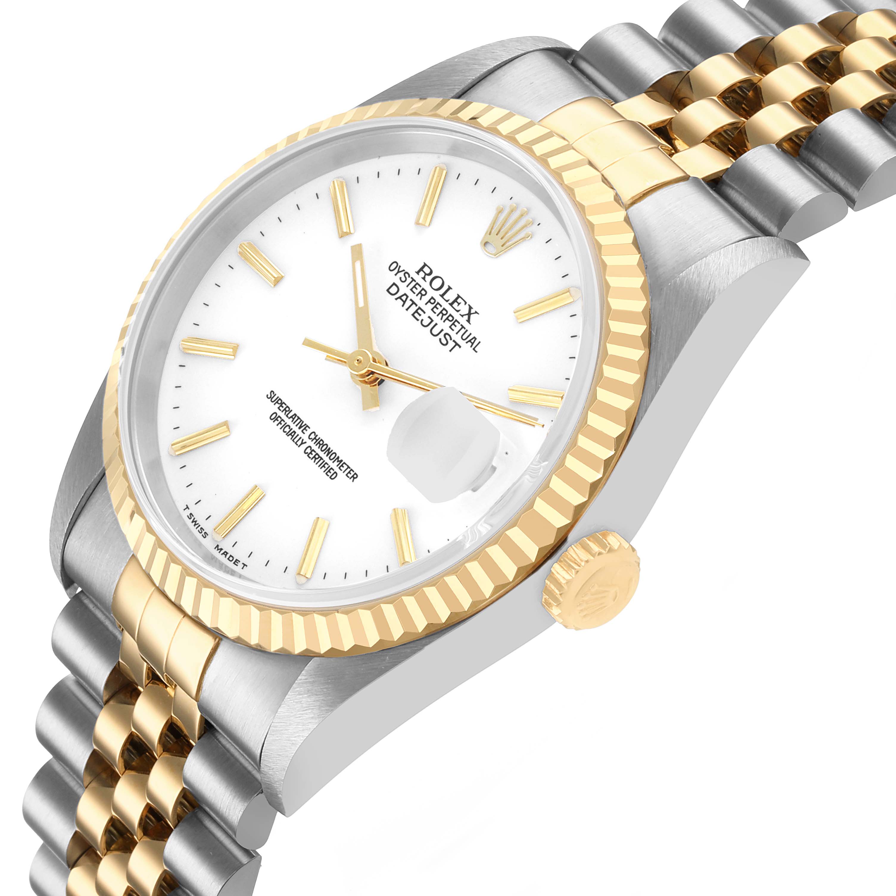 The Rolex Datejust 16233 Men's Steel and Gold (two tone) White Dial watch is shown at an angled side view, highlighting the bezel, crown, bracelet, and face details.