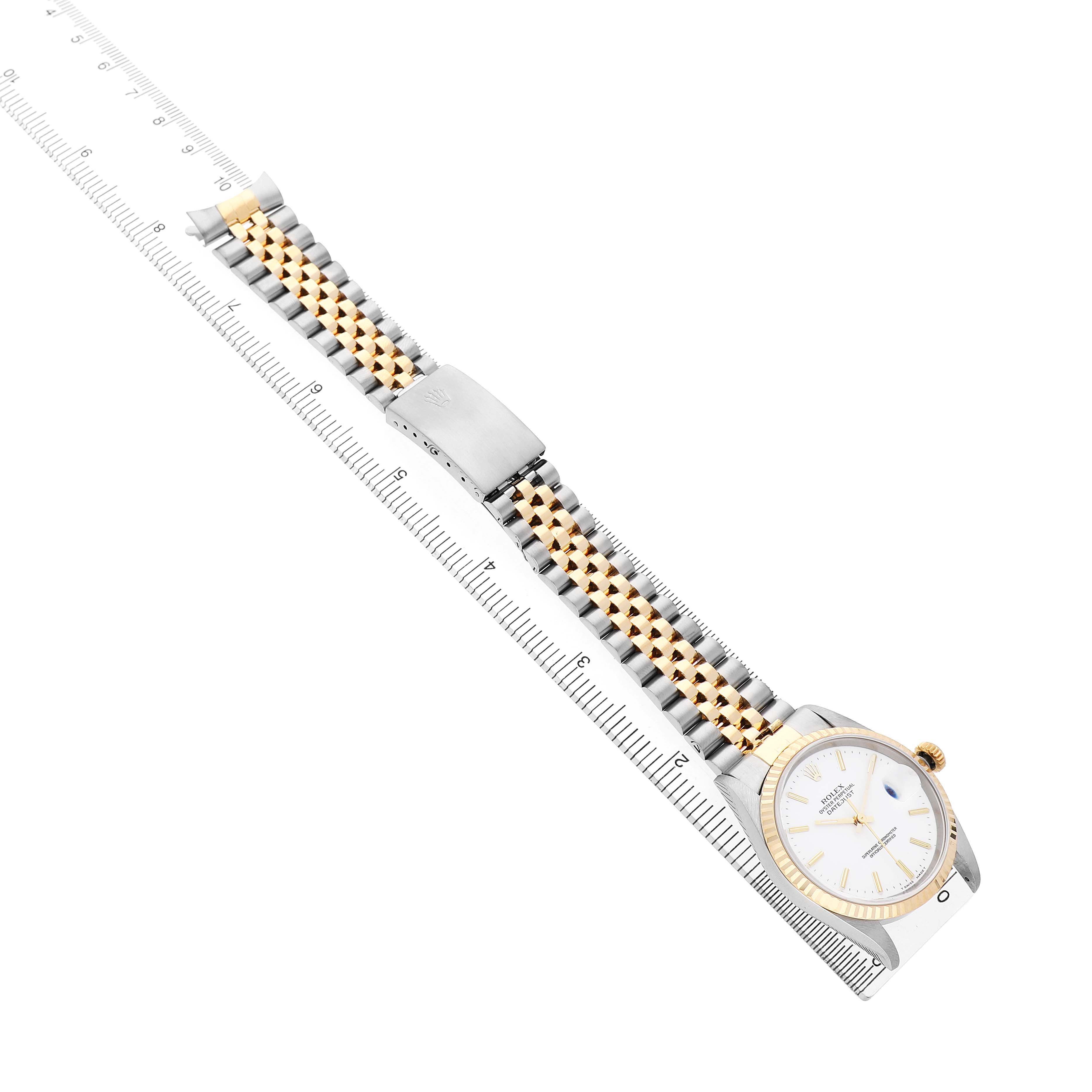 The Rolex Datejust 16233 Men's Steel and Gold (two tone) White Dial watch is shown from a top angle, highlighting the face, bezel, and Jubilee bracelet with a deployment clasp.