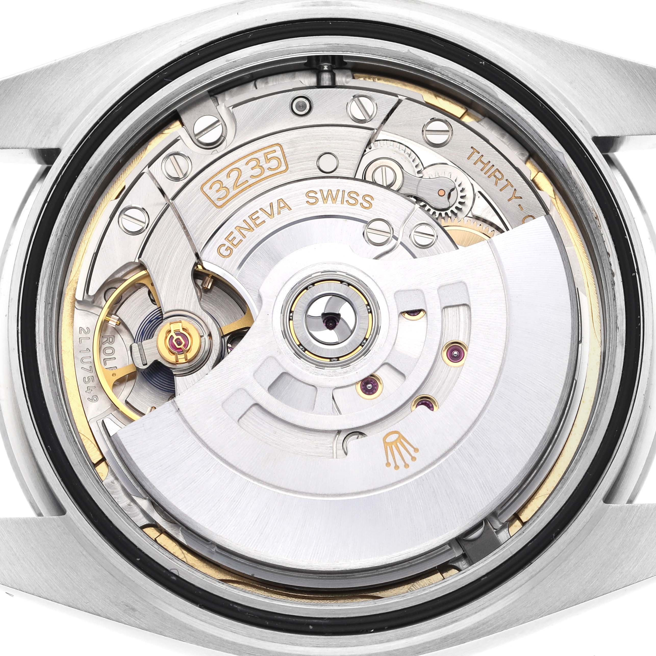 This image shows the internal mechanical movement and the rotor of the Rolex Datejust 41 126300 Men
s Stainless Steel Blue Dial 126300 Men
s Stainless Steel Blue Dial watch, model number 3235.