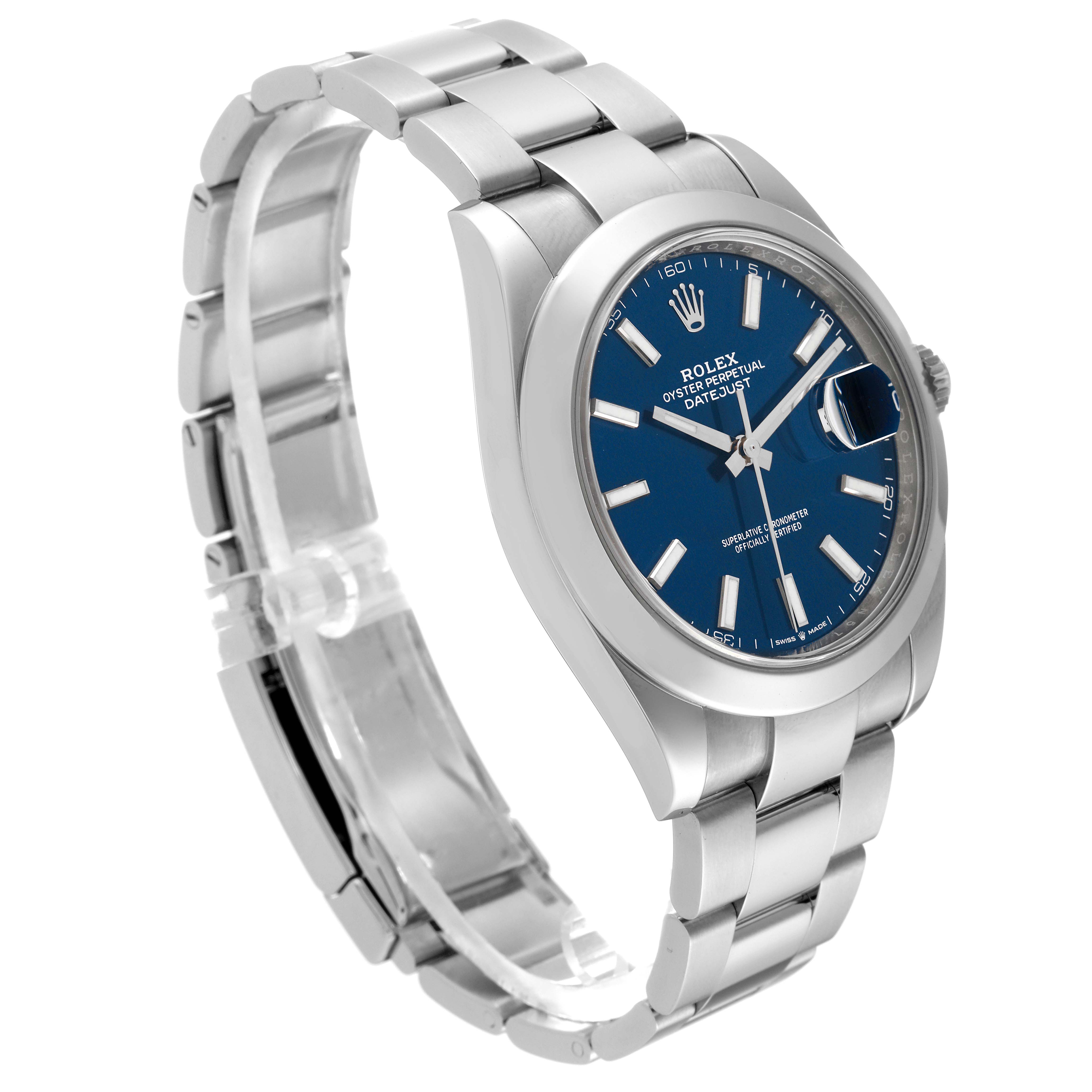 The image shows a Rolex Datejust 41 126300 Men
s Stainless Steel Blue Dial 126300 Men
s Stainless Steel Blue Dial model watch at an angle highlighting its blue dial, stainless steel case, and bracelet.