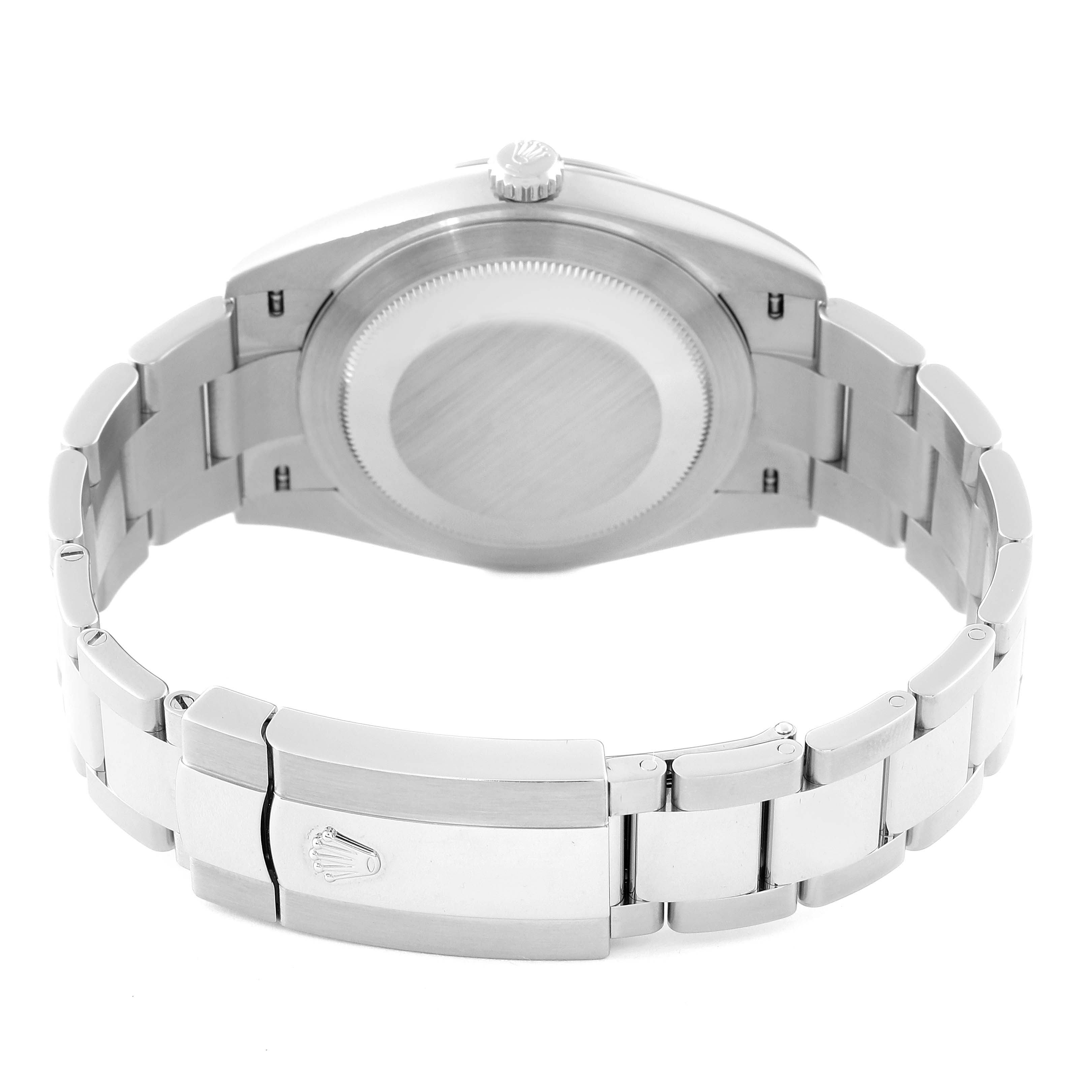 The image shows the Rolex Datejust 41 126300 Men
s Stainless Steel Blue Dial 126300 Men
s Stainless Steel Blue Dial watch viewed from the back, highlighting the case back and bracelet.