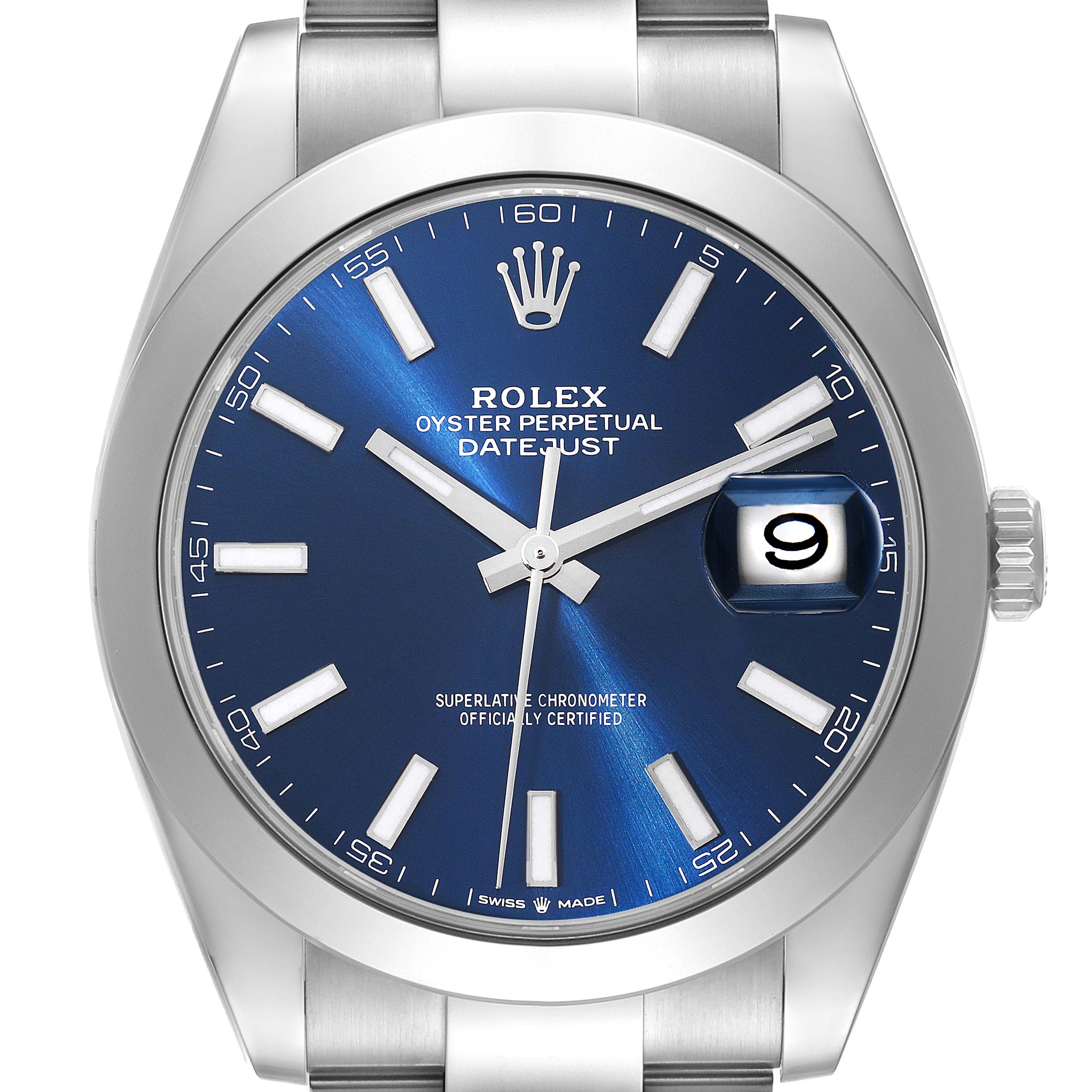 The image shows a front view of the Rolex Datejust 41 126300 Men
s Stainless Steel Blue Dial 126300 Men
s Stainless Steel Blue Dial watch, highlighting its blue dial, date window, and stainless steel bracelet.