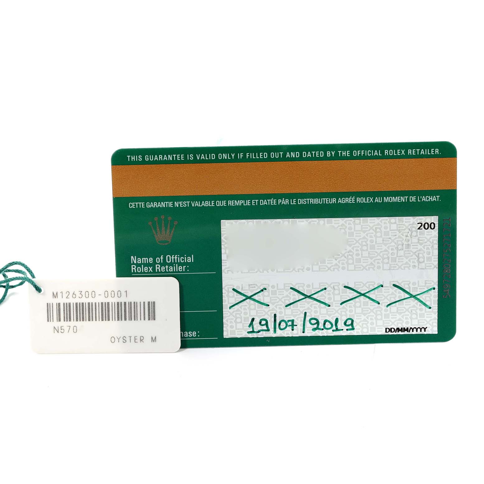 The image shows the warranty card and tag for a Rolex Datejust 41 126300 Men
s Stainless Steel Blue Dial 126300 Men
s Stainless Steel Blue Dial model.