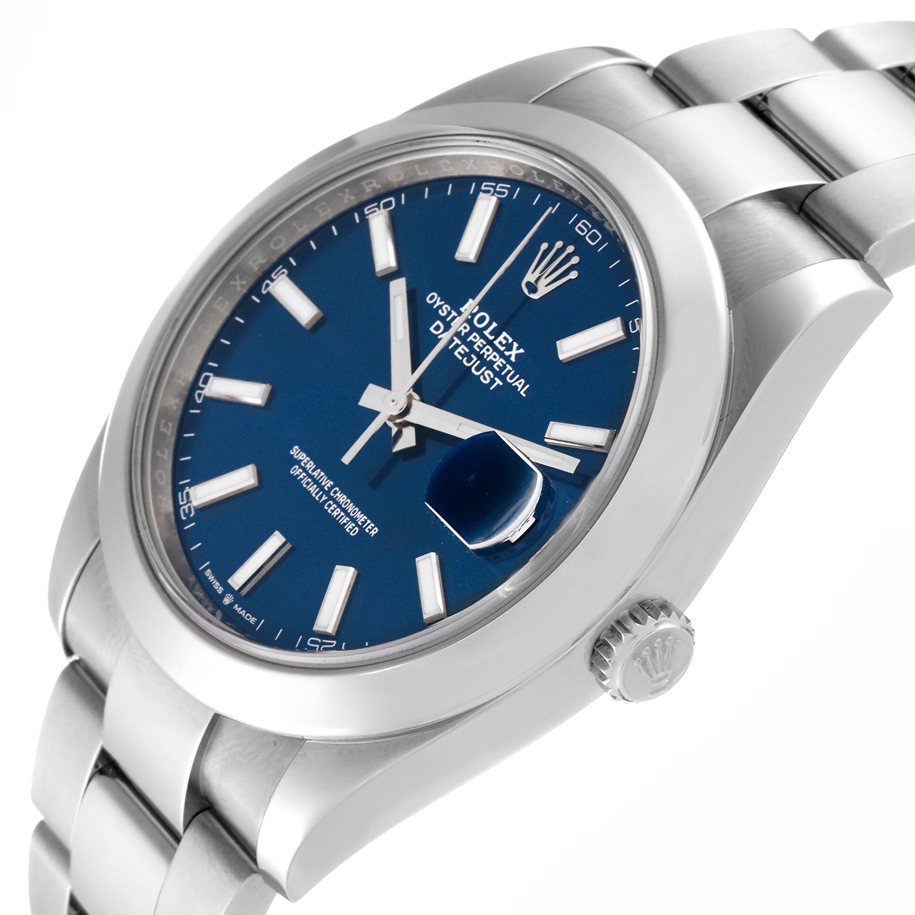 This image shows a Rolex Datejust 41 126300 Men
s Stainless Steel Blue Dial 126300 Men
s Stainless Steel Blue Dial watch from an angled view, highlighting the blue dial, cyclops lens, and stainless steel bracelet.